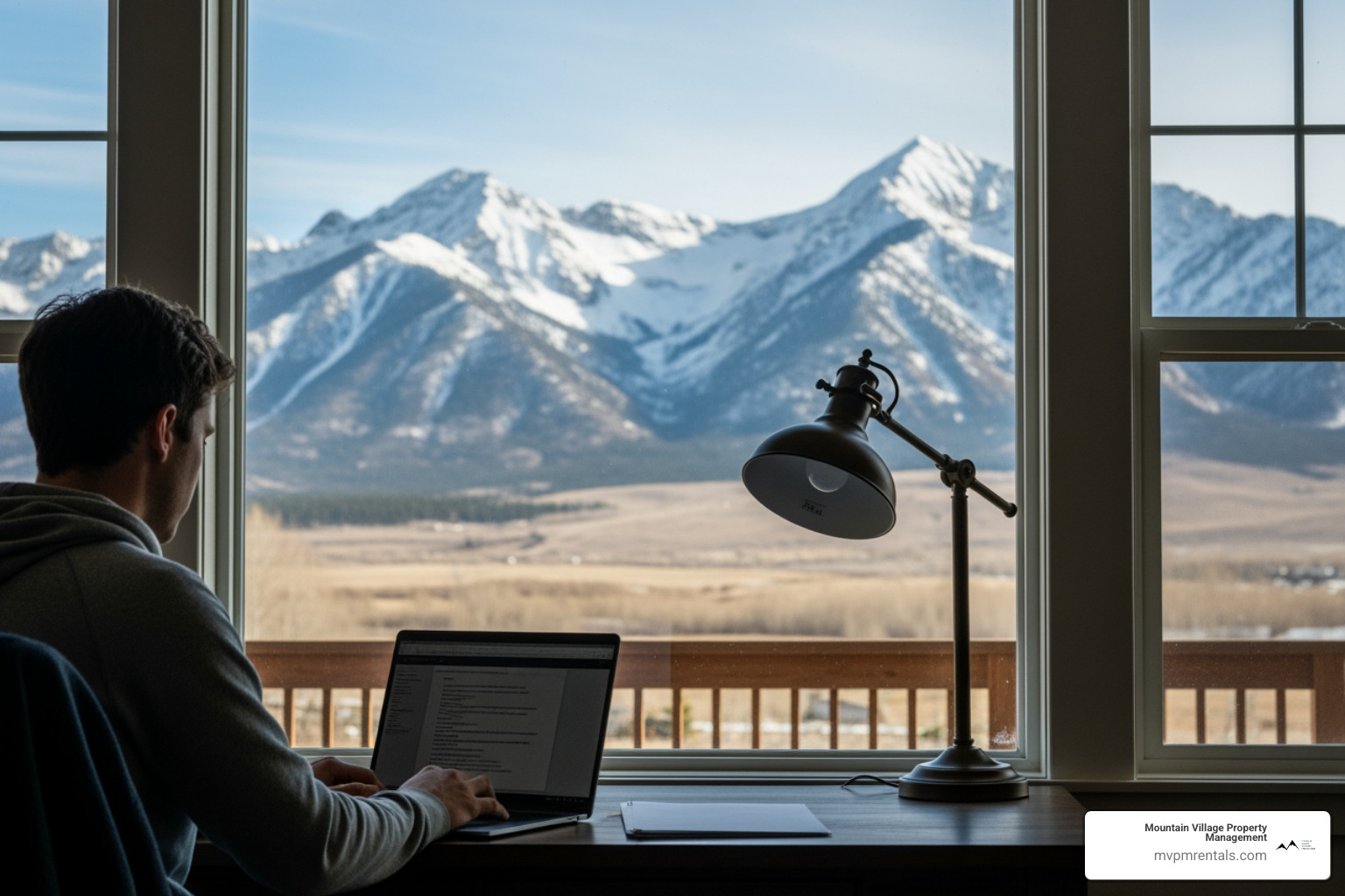 Person searching for rentals on a laptop with a view of the Bridger Mountains in the background and the Mountain Village Property Management logo - Bozeman real estate rentals