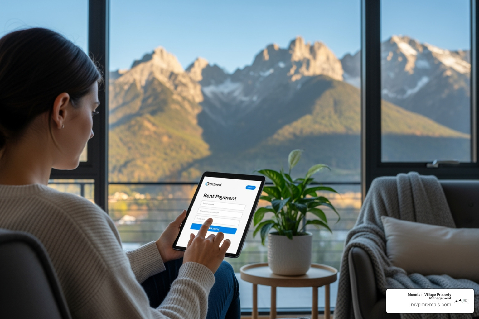 tenant using an online portal on a tablet to pay rent, with mountains visible through a window - Rental agencies Bozeman MT tenant using an online portal on a tablet to pay rent, with mountains visible through a window - Rental agencies Bozeman MT