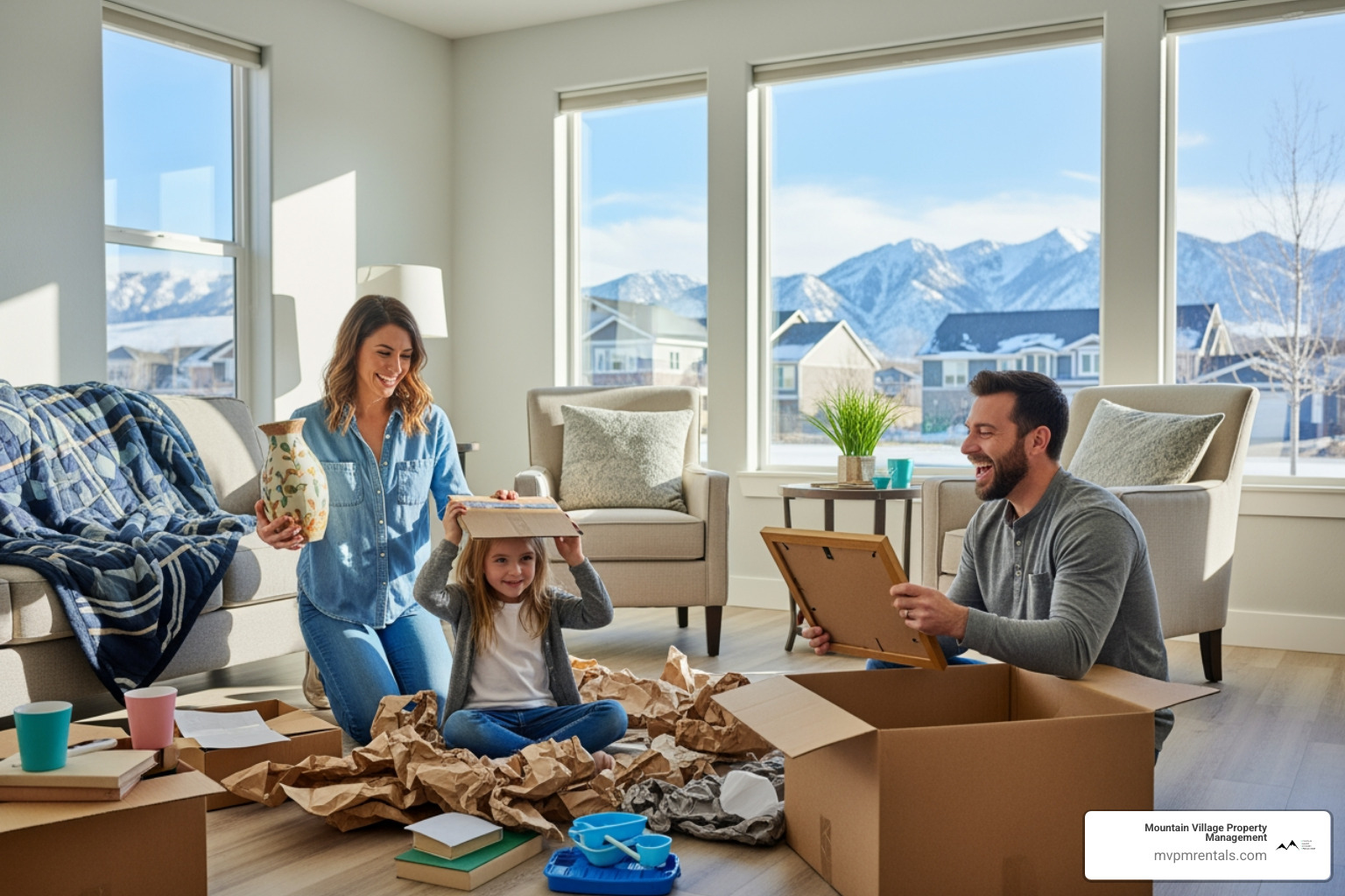 happy family unpacking boxes in a new rental home in a scenic Bozeman neighborhood - Rental agencies Bozeman MT happy family unpacking boxes in a new rental home in a scenic Bozeman neighborhood - Rental agencies Bozeman MT