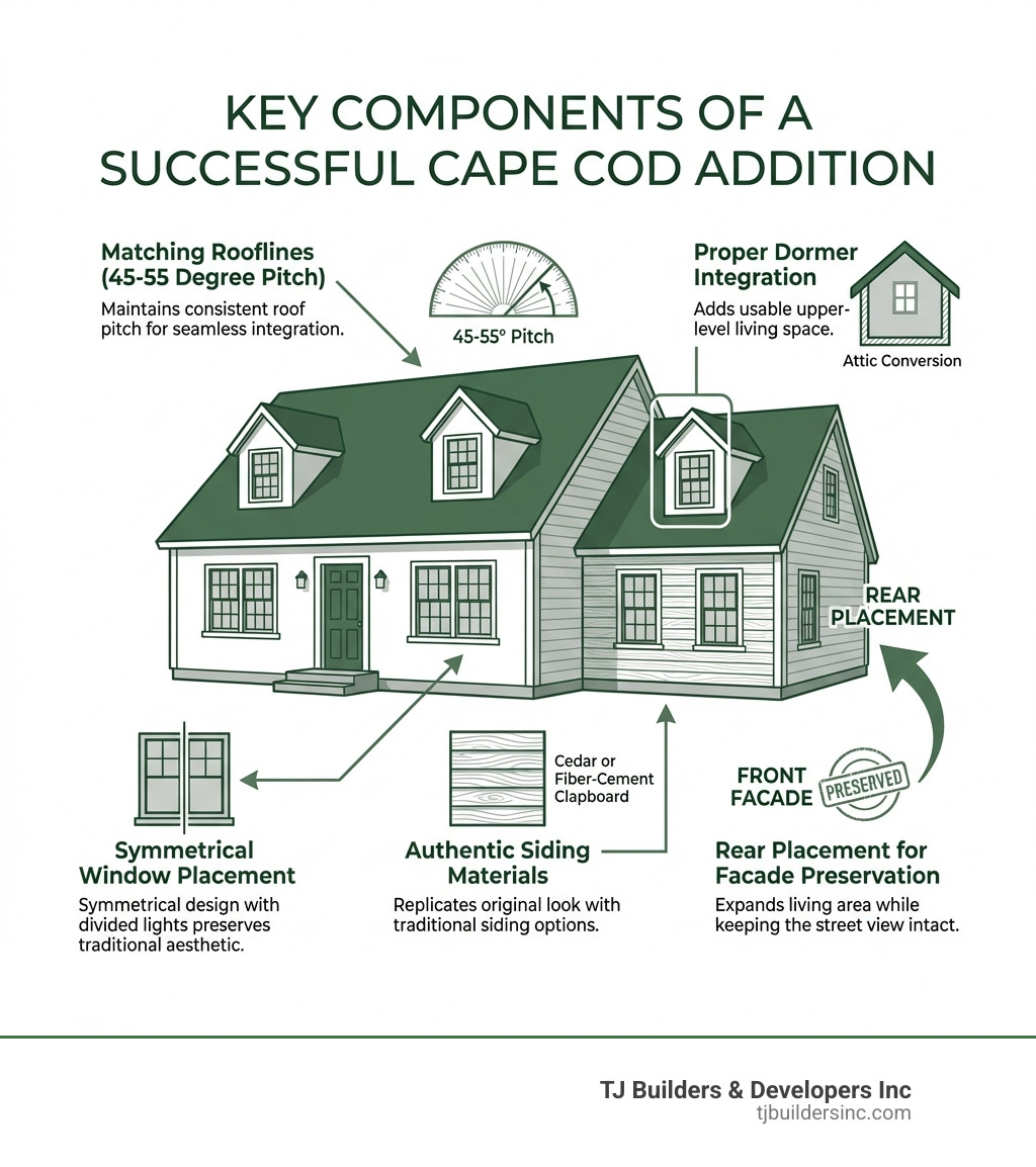Infographic showing the key components of a successful Cape Cod addition: matching rooflines at 45-55 degree pitch, symmetrical window placement with divided lights, authentic siding materials like cedar or fiber-cement clapboard, proper dormer integration for attic conversion, and rear placement to preserve front facade symmetry - addition on cape cod style home infographic 