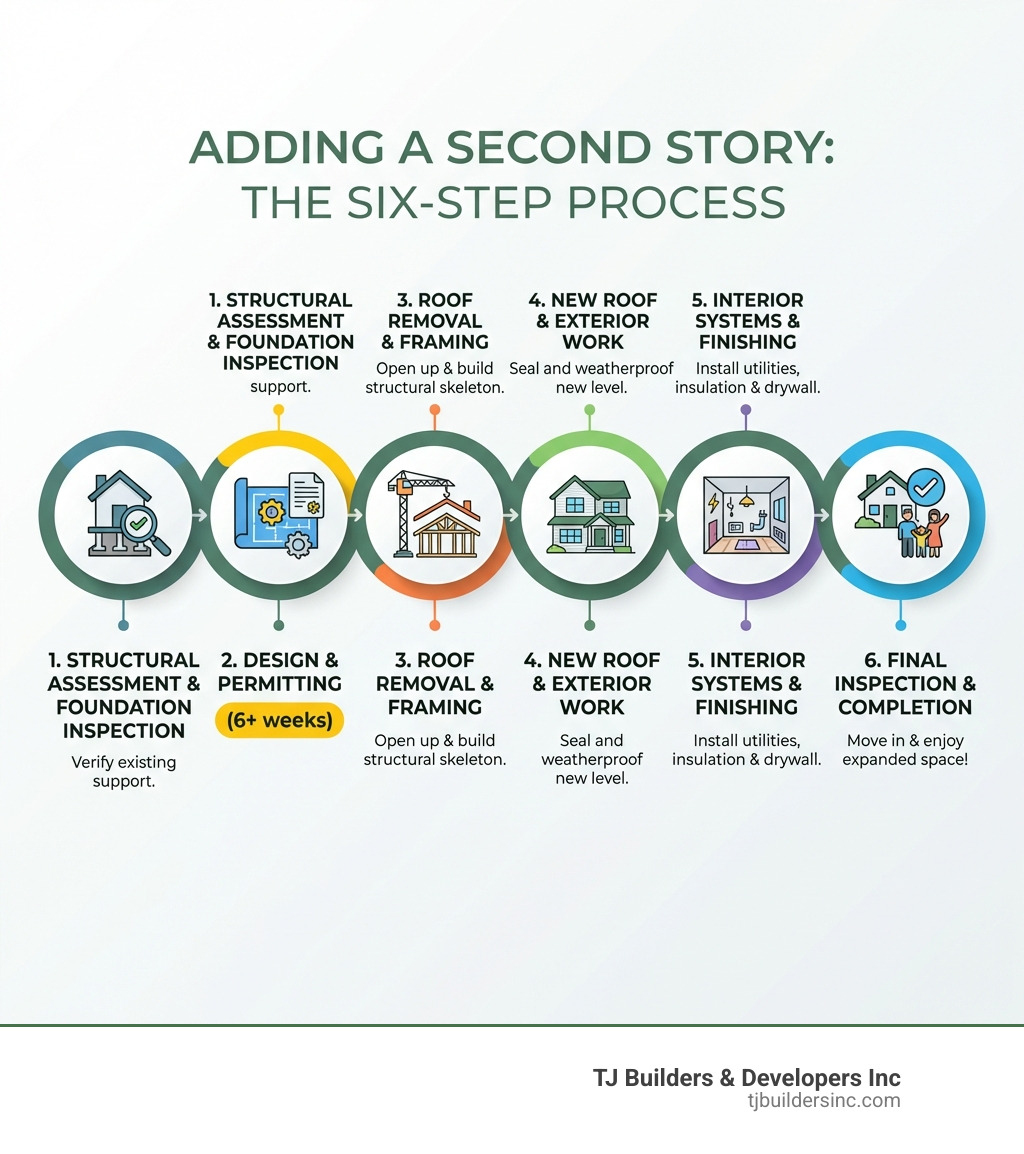 infographic showing six main steps of adding a second story: 1. Structural Assessment and Foundation Inspection, 2. Design and Permitting (6+ weeks), 3. Roof Removal and Framing, 4. New Roof and Exterior Work, 5. Interior Systems and Finishing, 6. Final Inspection and Completion - adding a second level to a house infographic 