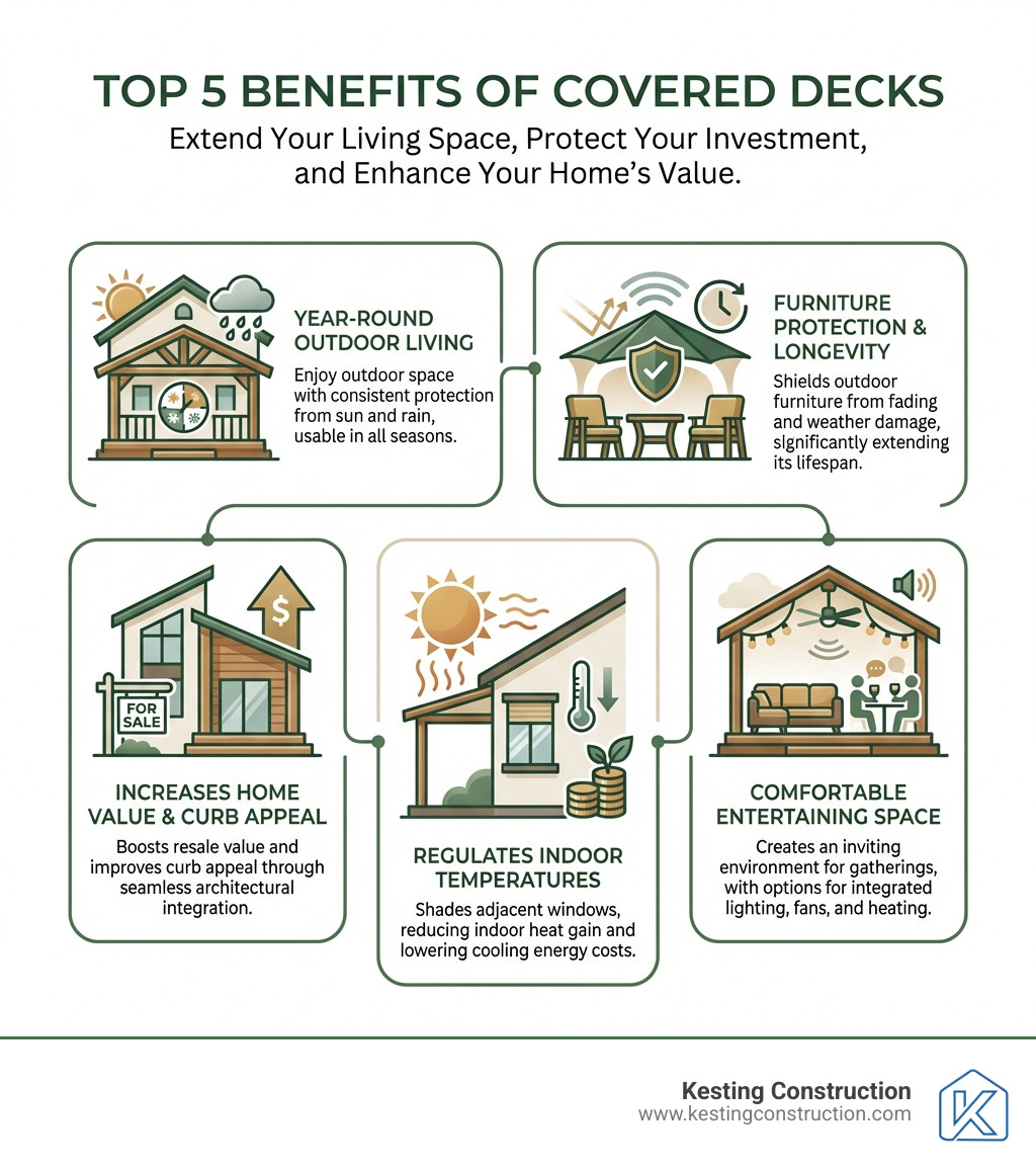 Infographic showing the top 5 benefits of covered decks: 1. Year-round outdoor living space with protection from rain and sun, 2. Protects outdoor furniture from fading and weather damage extending its lifespan, 3. Increases home resale value and curb appeal through architectural integration, 4. Creates comfortable entertaining space with options for lighting and fans, 5. Helps regulate indoor temperatures by shading adjacent windows reducing energy costs - covered deck builders infographic Infographic showing the top 5 benefits of covered decks: 1. Year-round outdoor living space with protection from rain and sun, 2. Protects outdoor furniture from fading and weather damage extending its lifespan, 3. Increases home resale value and curb appeal through architectural integration, 4. Creates comfortable entertaining space with options for lighting and fans, 5. Helps regulate indoor temperatures by shading adjacent windows reducing energy costs - covered deck builders infographic