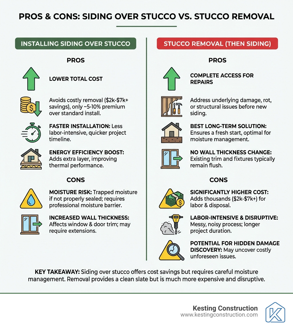 infographic explaining the pros and cons of installing siding over stucco vs. stucco removal - cost to install siding over stucco infographic infographic explaining the pros and cons of installing siding over stucco vs. stucco removal - cost to install siding over stucco infographic