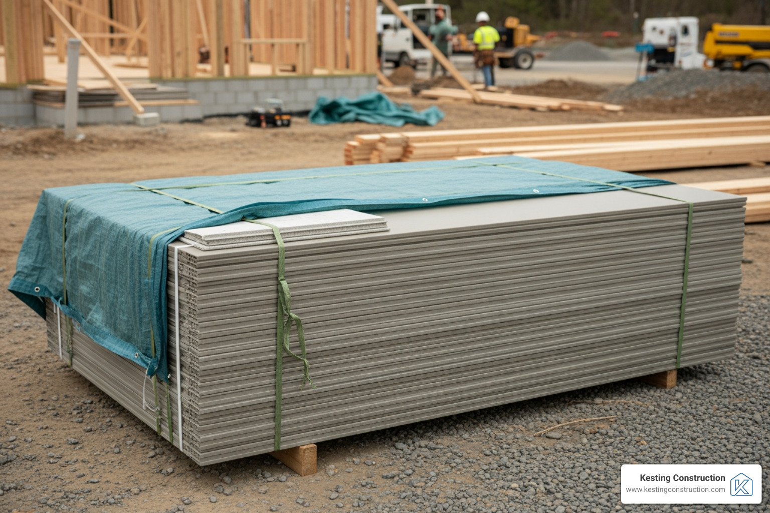 Properly stored HardiePanel sheets on a job site - hardie board sheet siding installation