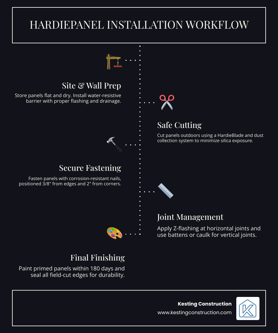 Infographic showing the complete HardiePanel installation workflow: 1) Store panels flat and dry, 2) Install water-resistive barrier with proper flashing, 3) Cut outdoors with dust collection system, 4) Fasten with corrosion-resistant nails 3/8 inch from edges, 5) Apply Z-flashing at horizontal joints, 6) Paint or seal all cut edges within 180 days - hardie board sheet siding installation infographic infographic-line-5-steps-dark