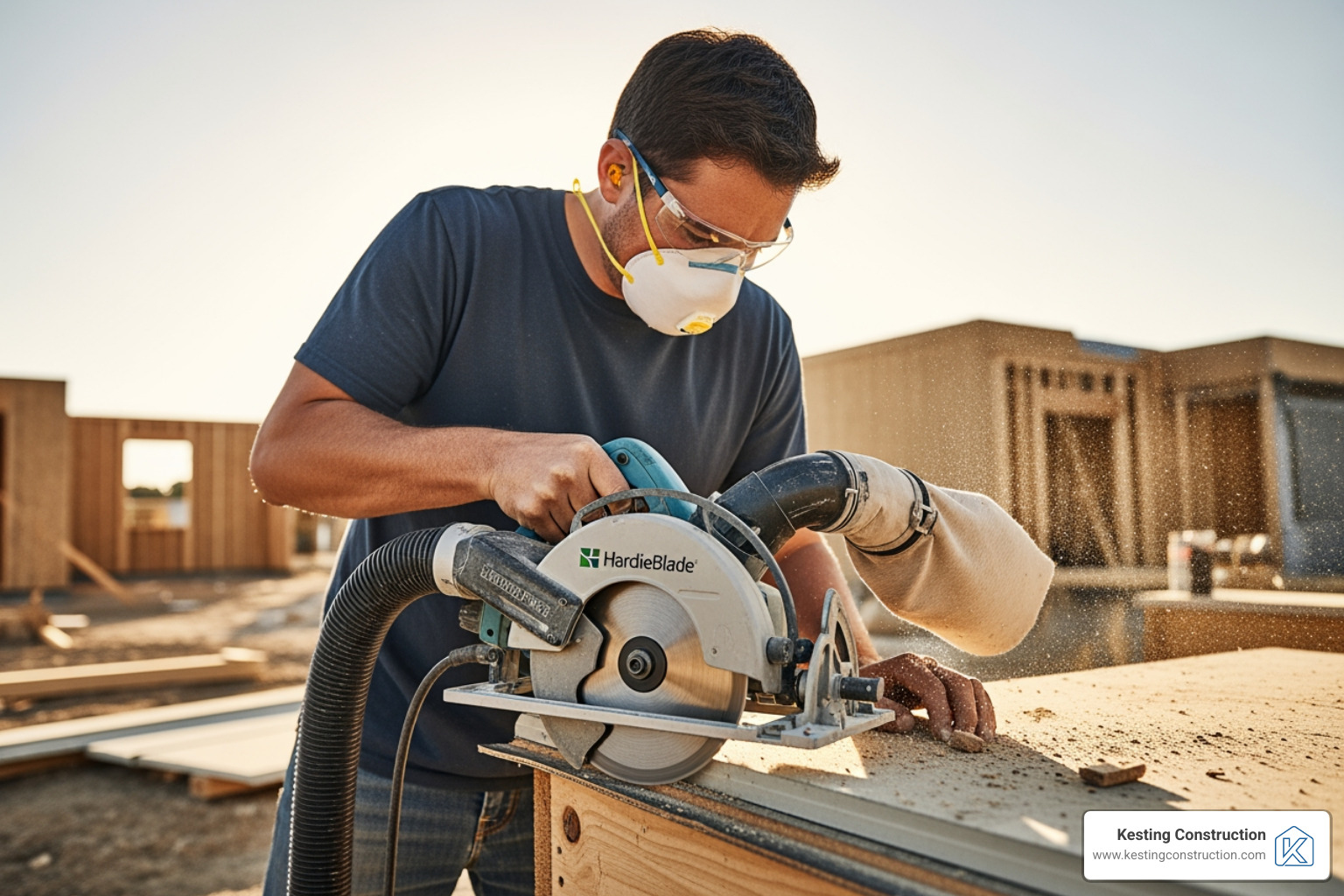 Contractor using a circular saw with a HardieBlade and dust collection system - hardie board sheet siding installation