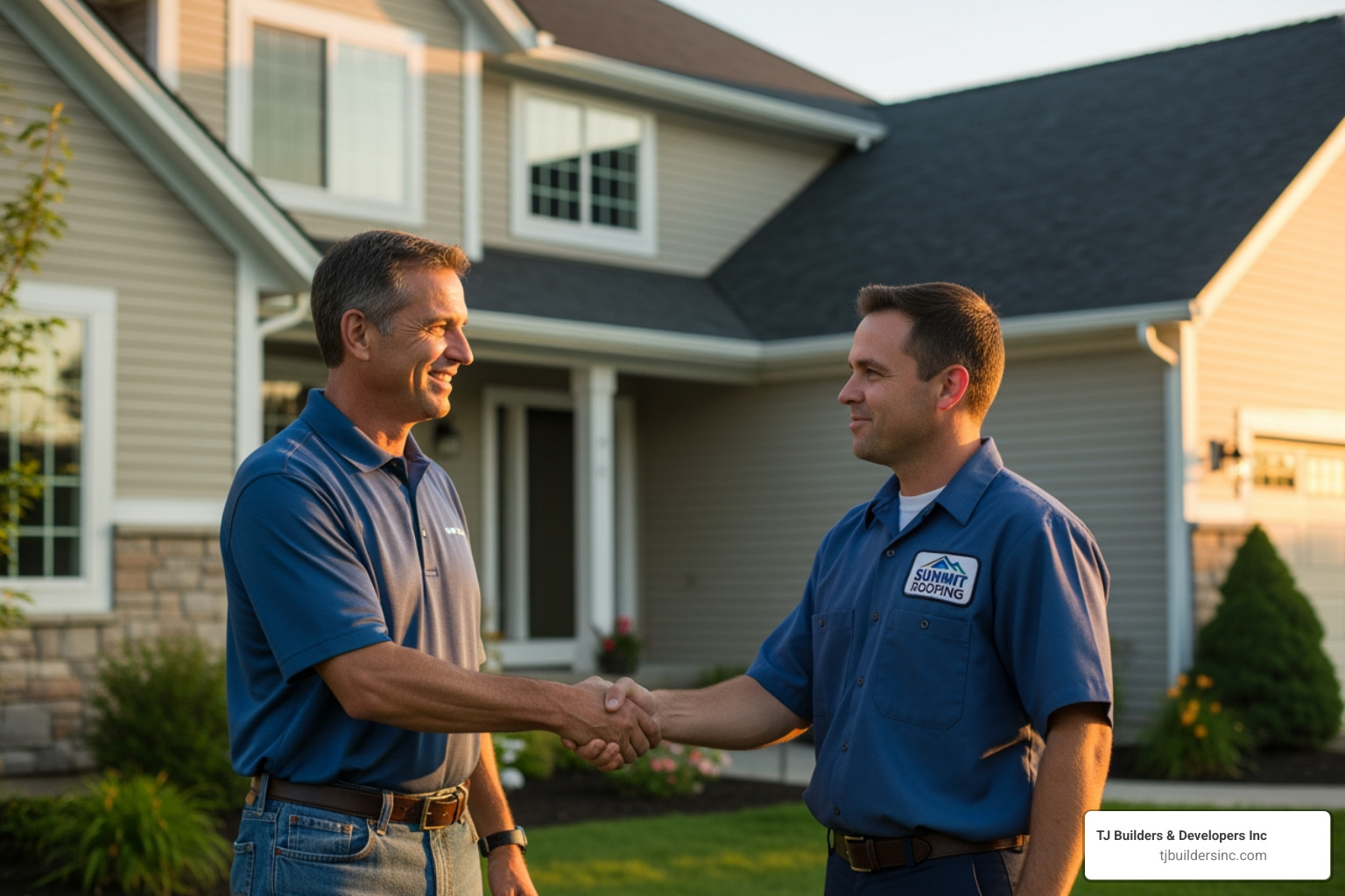 a homeowner shaking hands with a uniformed roofing contractor - roofing contractors