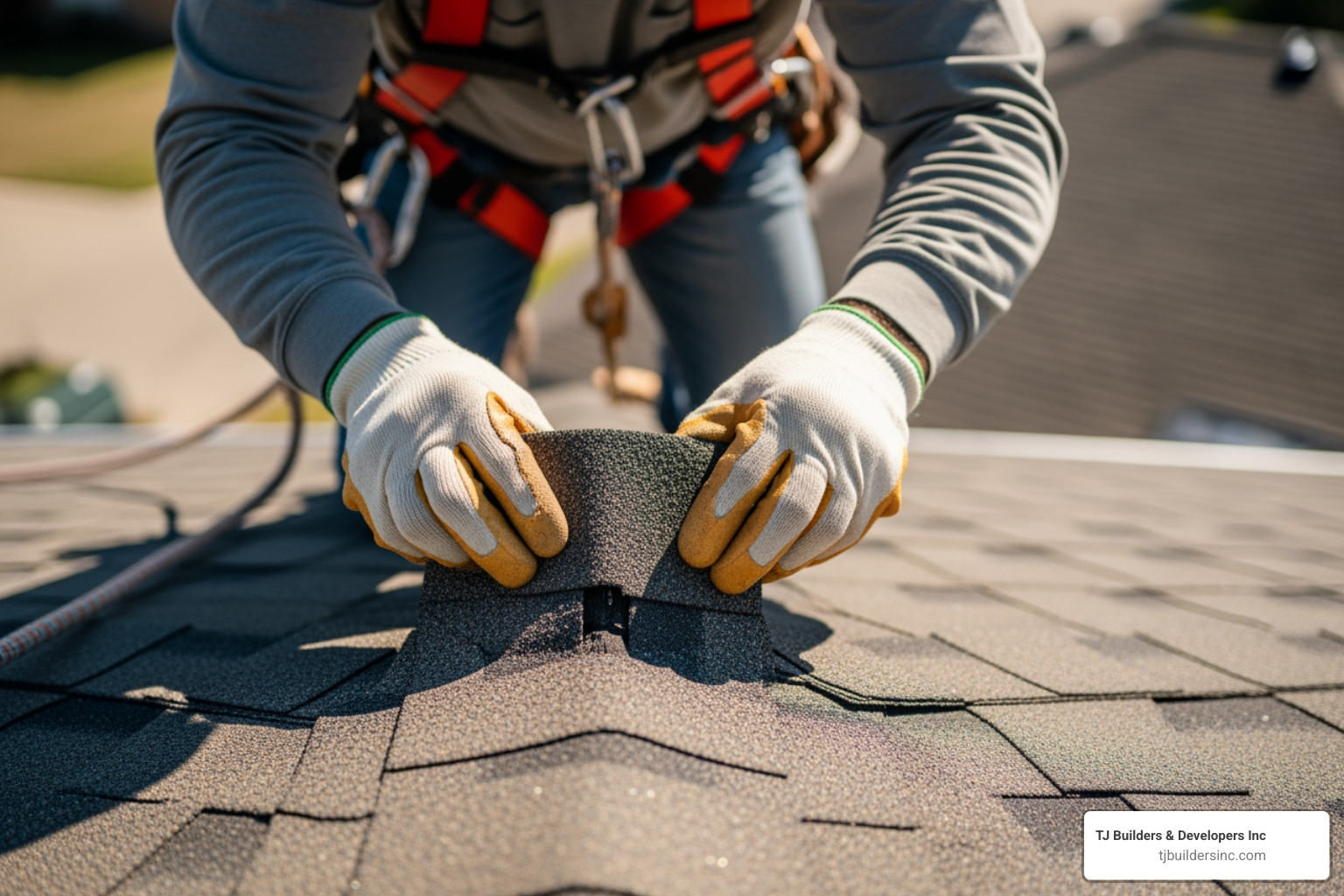 a roofer safely inspecting a damaged shingle - roofing contractors