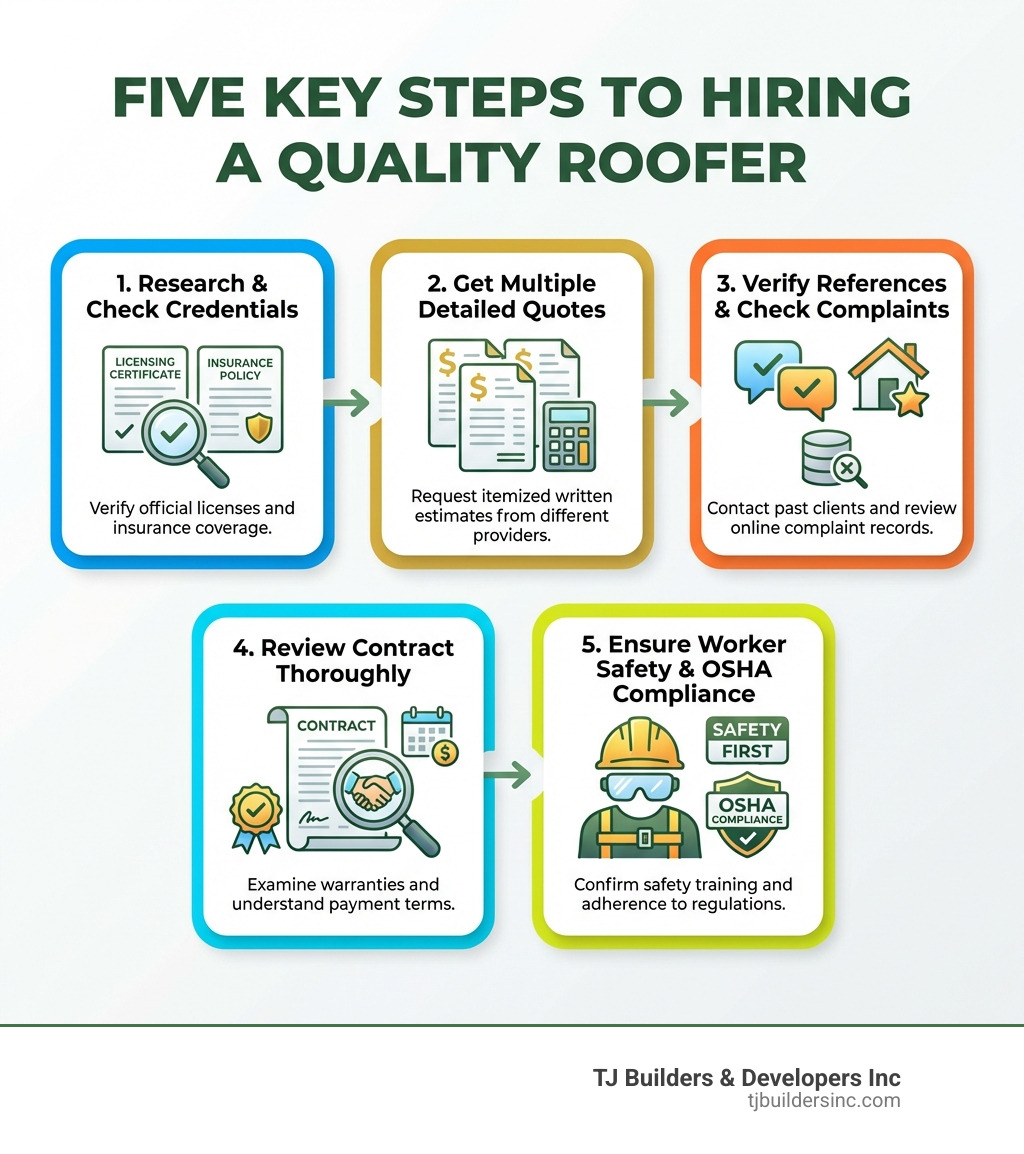 infographic showing five key steps to hiring a quality roofer: 1. Research and check credentials including licensing and insurance, 2. Get multiple detailed written quotes with itemized costs, 3. Verify references from past projects and check complaint records, 4. Review contract thoroughly including warranties and payment terms, 5. Ensure worker safety training and OSHA compliance - roofing contractors infographic 