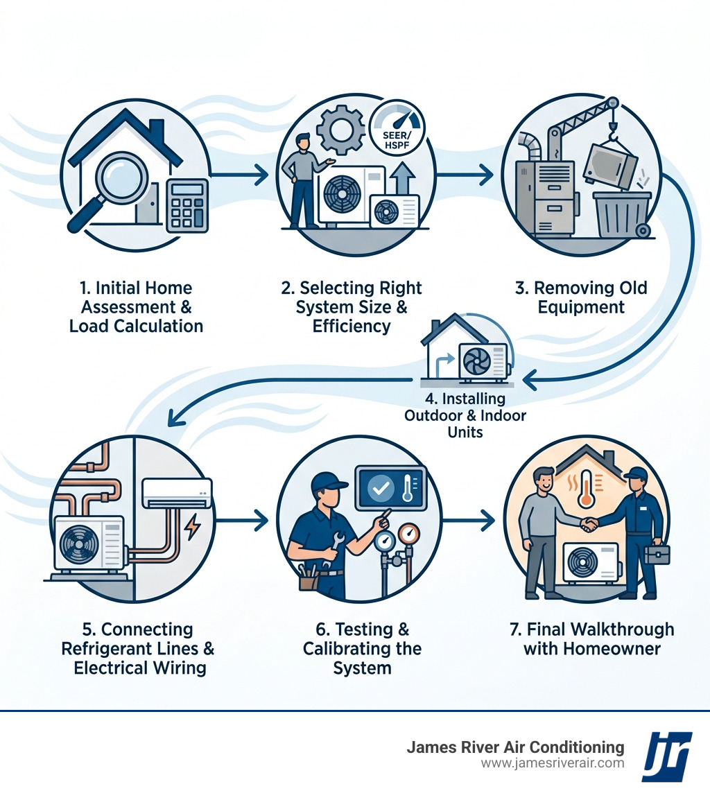 Infographic showing the heat pump installation process: initial home assessment and load calculation, selecting the right system size and efficiency rating, removing old equipment, installing outdoor and indoor units, connecting refrigerant lines and electrical wiring, testing and calibrating the system, and final walkthrough with homeowner - heat pump installation near me in petersburg, va infographic 