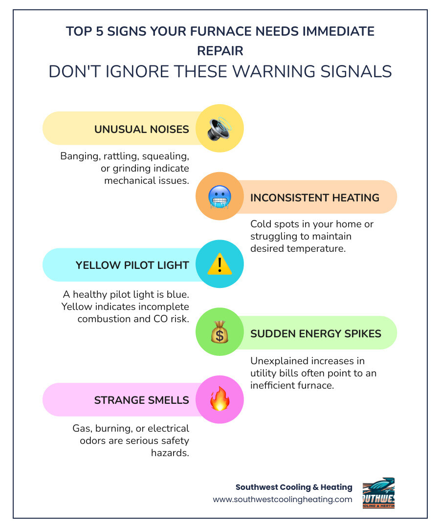 Infographic showing the top 5 signs your furnace needs immediate repair: unusual noises like banging or squealing, inconsistent heating or cold spots in your home, a yellow pilot light instead of blue, sudden spikes in energy bills, and strange smells like gas or burning - furnace repair in st. george ut infographic infographic-line-5-steps-colors Infographic showing the top 5 signs your furnace needs immediate repair: unusual noises like banging or squealing, inconsistent heating or cold spots in your home, a yellow pilot light instead of blue, sudden spikes in energy bills, and strange smells like gas or burning - furnace repair in st. george ut infographic infographic-line-5-steps-colors