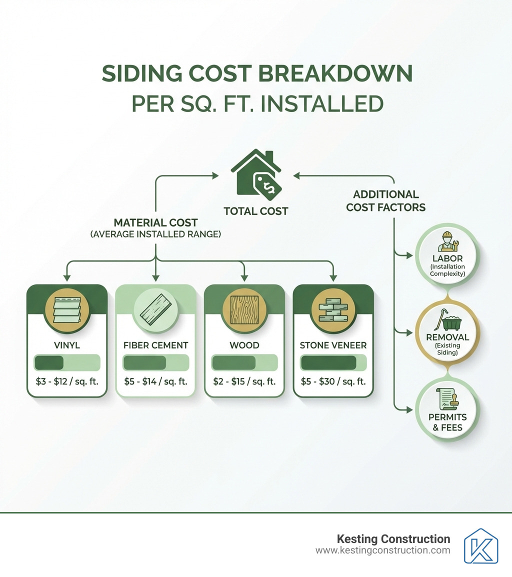 infographic showing siding cost breakdown from materials through installation, including average ranges for vinyl at $3-12, fiber cement at $5-14, wood at $2-15, and stone veneer at $5-30 per square foot, with additional cost factors like labor, removal, and permits - cost of siding per square foot installed infographic infographic showing siding cost breakdown from materials through installation, including average ranges for vinyl at $3-12, fiber cement at $5-14, wood at $2-15, and stone veneer at $5-30 per square foot, with additional cost factors like labor, removal, and permits - cost of siding per square foot installed infographic