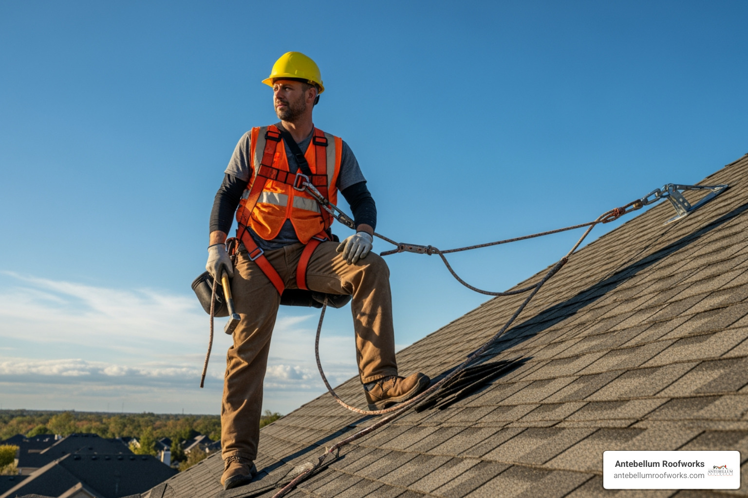 roofer wearing a safety harness - roof finial installation