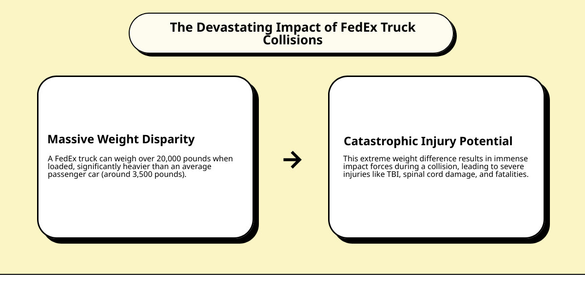 Infographic comparing the weight and impact force of a FedEx commercial truck versus a standard passenger car, showing that FedEx trucks can weigh over 20,000 pounds compared to a car's 3,500 pounds, resulting in catastrophic collision forces - fedex truck accident attorney infographic cause_effect_text