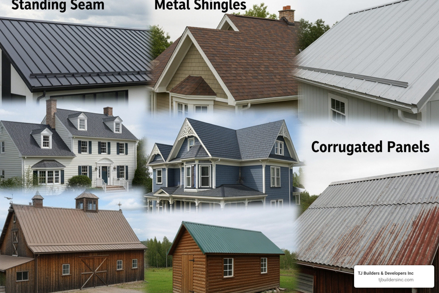 collage of different types and colors of metal roofing (standing seam, metal shingles, corrugated) - metal roofing contractors near me collage of different types and colors of metal roofing (standing seam, metal shingles, corrugated) - metal roofing contractors near me
