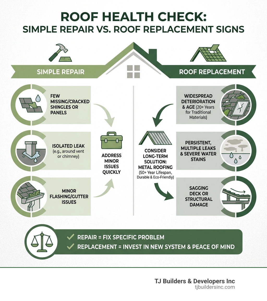 infographic explaining the key signs that you need a roof replacement versus a simple repair - metal roofing contractors near me infographic infographic explaining the key signs that you need a roof replacement versus a simple repair - metal roofing contractors near me infographic
