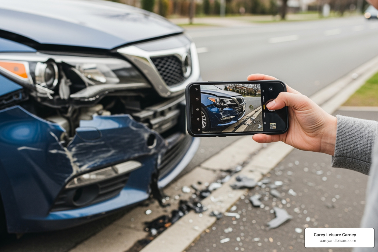 Person taking photos of car damage with a smartphone - fedex truck accident attorney
