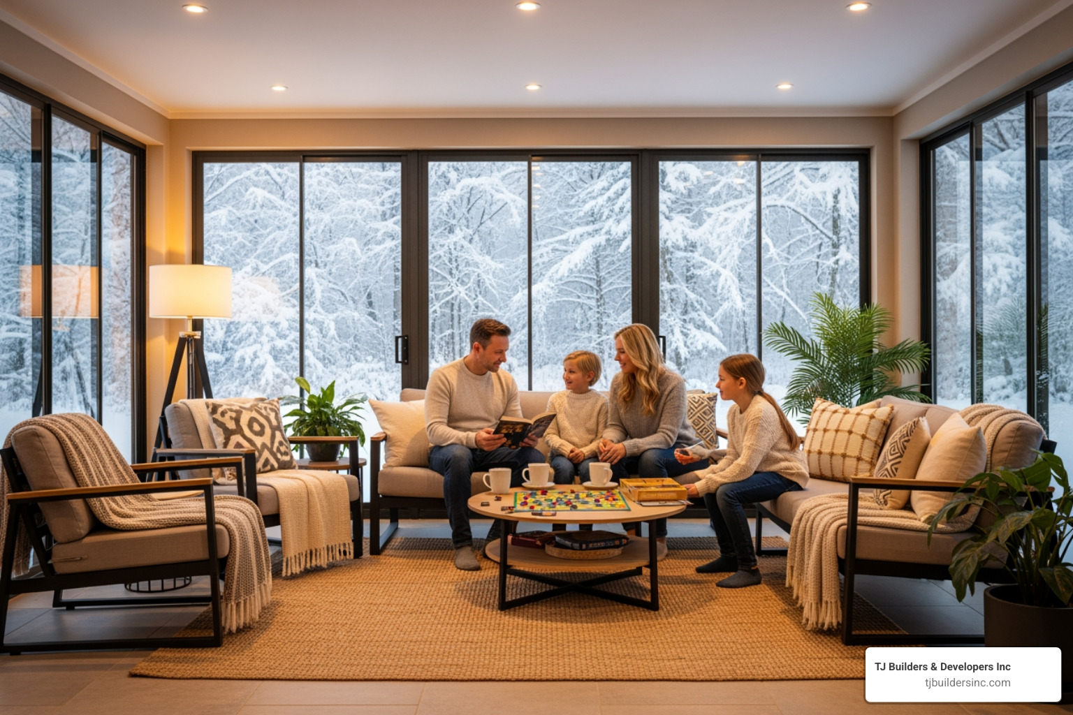 family relaxing in a cozy four-season sunroom during winter - building a sunroom addition