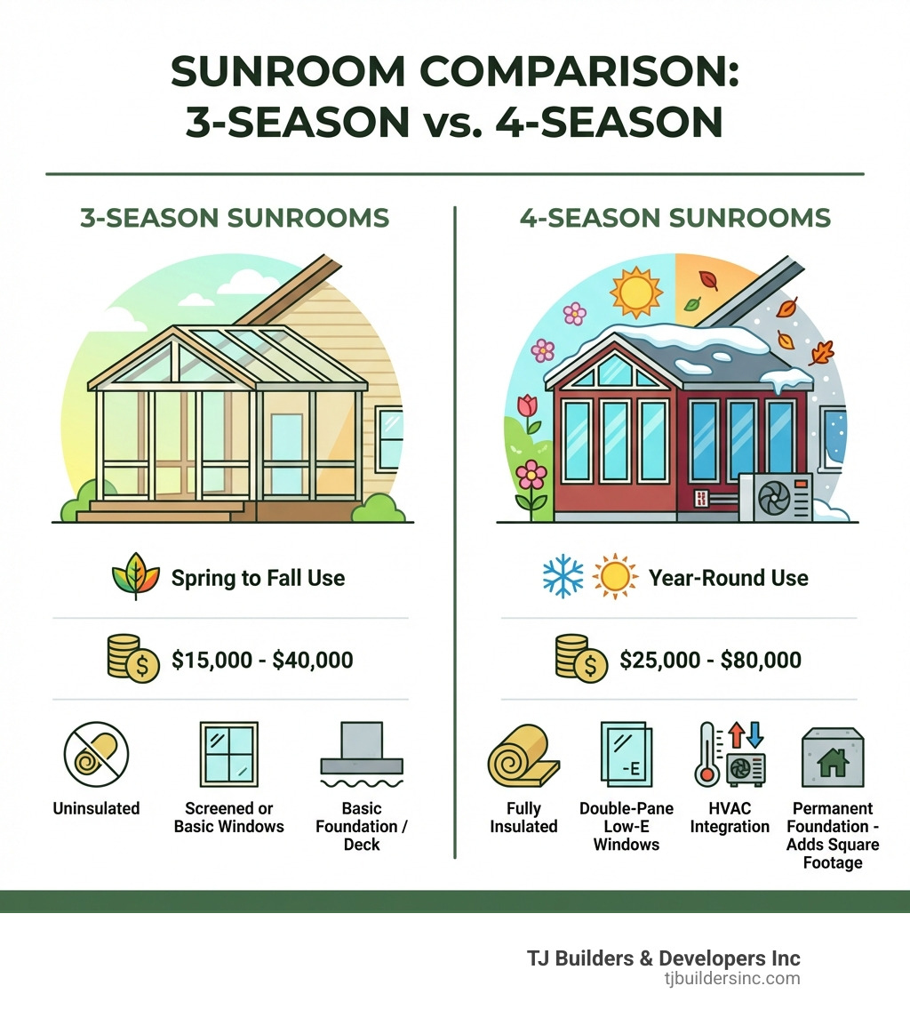 Infographic comparing 3-season sunrooms (uninsulated, $15,000-$40,000, spring to fall use, screened or basic windows) versus 4-season sunrooms (fully insulated, $25,000-$80,000, year-round use, double-pane Low-E windows, HVAC integration, built on permanent foundation, adds to home square footage) - building a sunroom addition infographic 