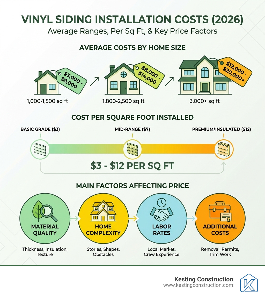 infographic showing average vinyl siding installation costs by home size, cost per square foot ranges, and main factors affecting price including material quality, home complexity, labor rates, and additional costs like removal and permits - cost to have vinyl siding installed infographic infographic showing average vinyl siding installation costs by home size, cost per square foot ranges, and main factors affecting price including material quality, home complexity, labor rates, and additional costs like removal and permits - cost to have vinyl siding installed infographic
