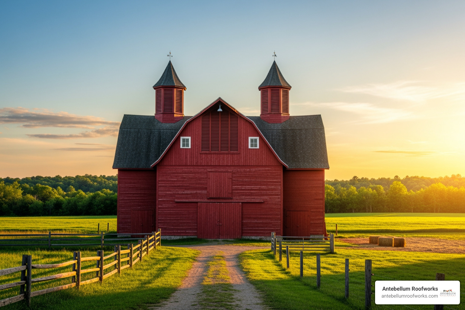 image of a classic red barn with two evenly spaced 48-inch louvered cupolas. - 48 inch cupola