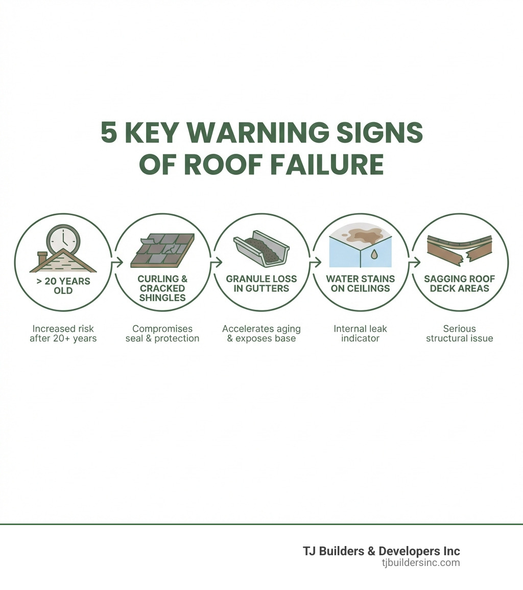 infographic showing the five key warning signs of roof failure including roof age over 20 years, curling or cracked shingles, granule loss in gutters, water stains on ceilings, and sagging roof deck areas - Asphalt shingle roof replacement infographic 