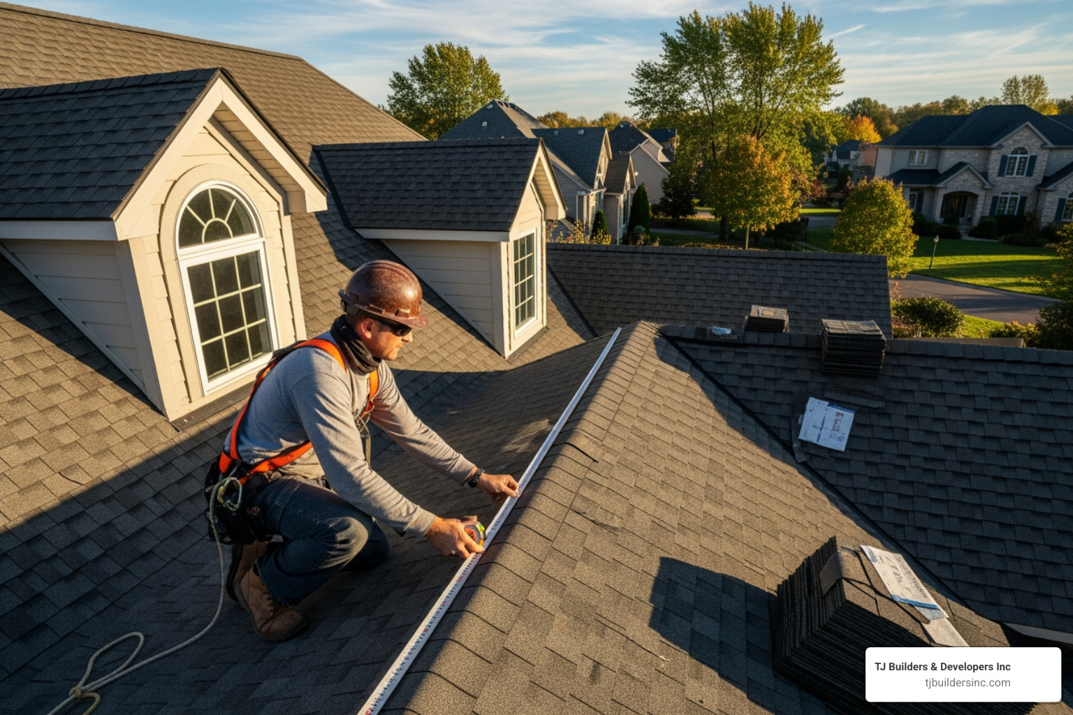 roofer measuring a complex roofline - Asphalt shingle roof replacement