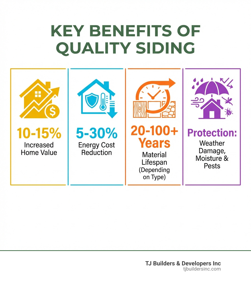 infographic showing key benefits of quality siding: increased home value by 10-15%, energy cost reduction of 5-30%, material lifespans from 20-100+ years depending on type, and protection against weather damage, moisture, and pests - siding companies near me infographic infographic showing key benefits of quality siding: increased home value by 10-15%, energy cost reduction of 5-30%, material lifespans from 20-100+ years depending on type, and protection against weather damage, moisture, and pests - siding companies near me infographic
