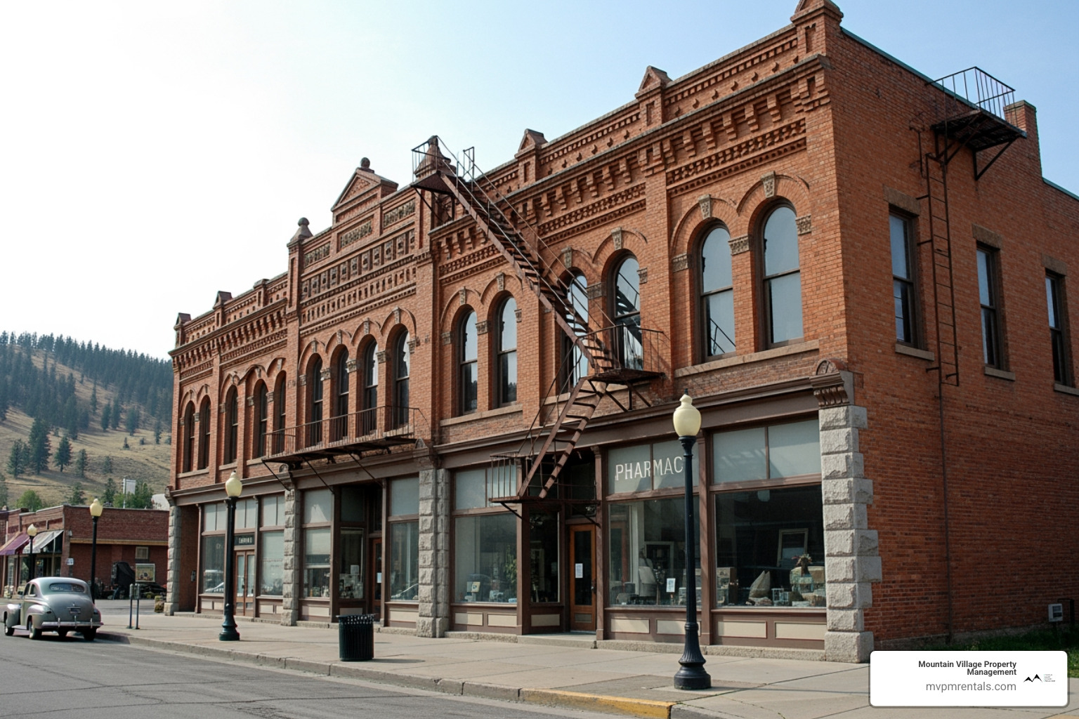 A historic brick building in uptown Butte, showcasing the unique local architecture and Mountain Village Property Management signage. - butte mt property management