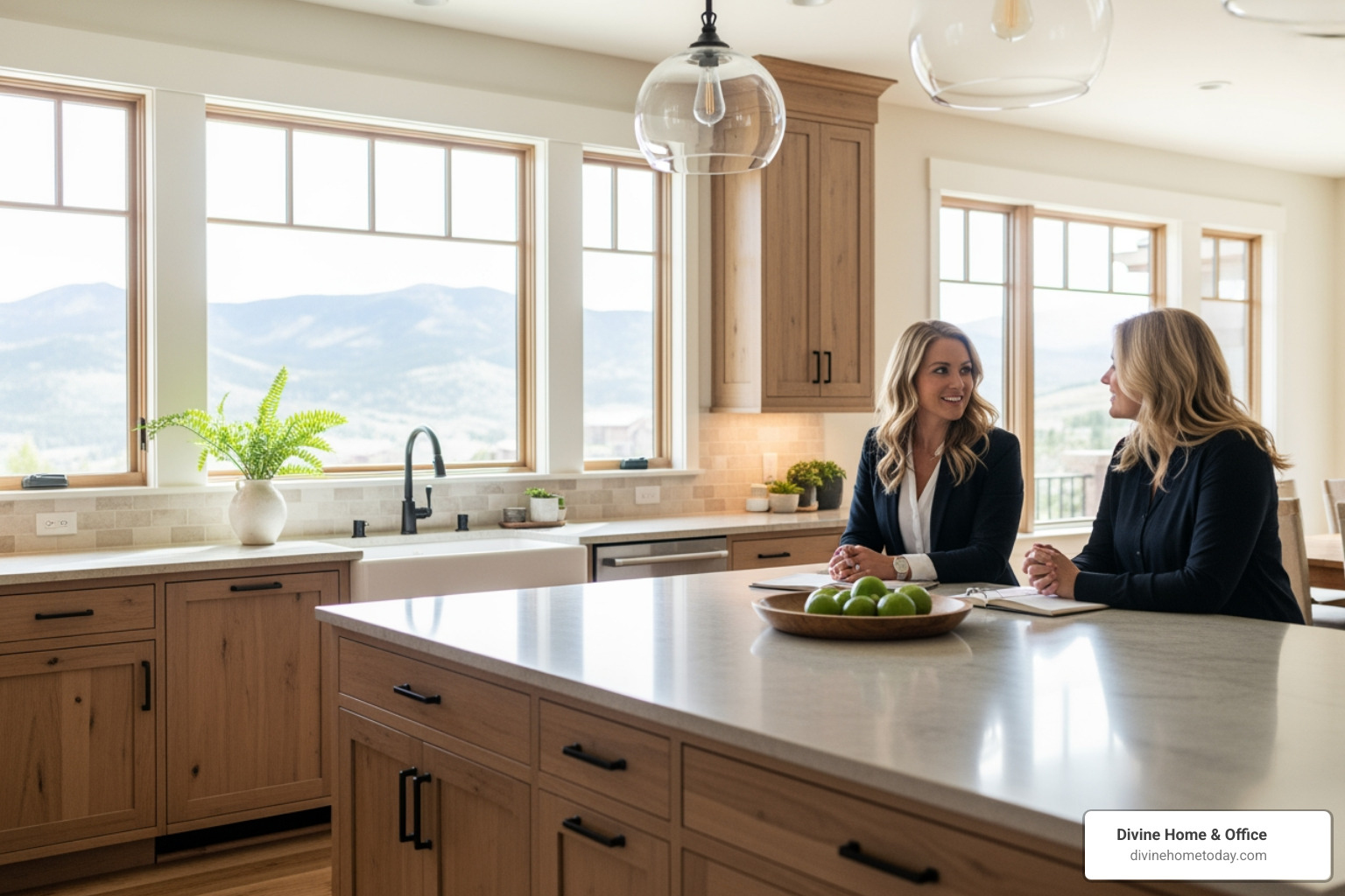 professional interior designer consulting with client in a luxury modern mountain kitchen - large kitchen remodel professional interior designer consulting with client in a luxury modern mountain kitchen - large kitchen remodel