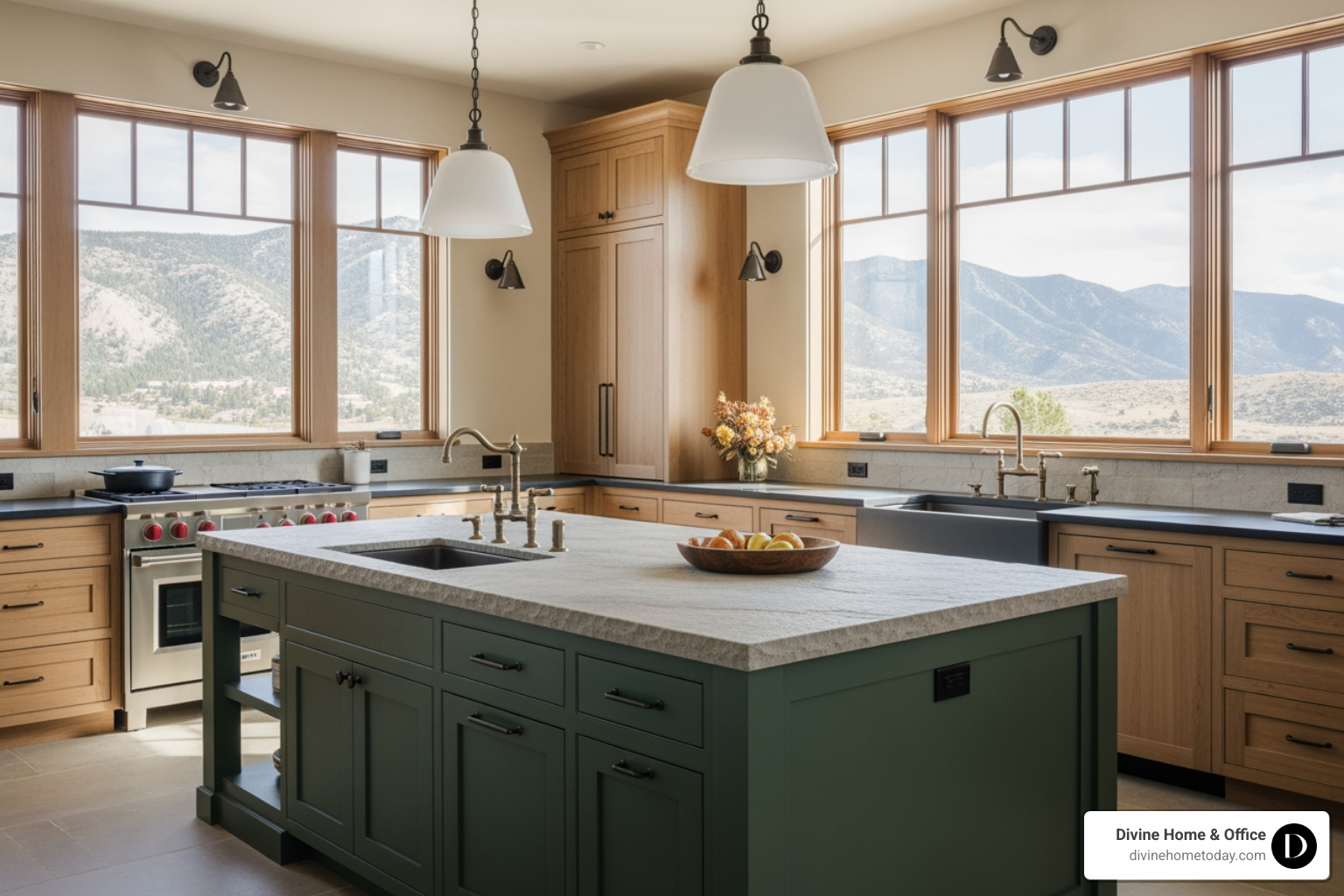 stylish large kitchen featuring a bold, dark green double island and mixed metal fixtures, with mountain views - large kitchen remodel stylish large kitchen featuring a bold, dark green double island and mixed metal fixtures, with mountain views - large kitchen remodel