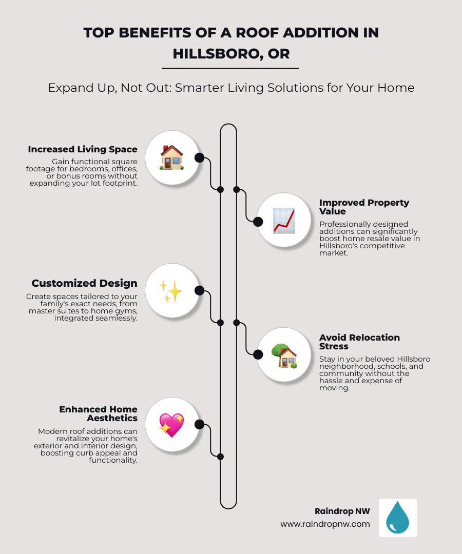Infographic showing three main benefits of roof additions: 1) Increased Living Space - gain functional square footage for bedrooms, offices, or bonus rooms without expanding your lot footprint, 2) Improved Property Value - professionally designed additions can significantly boost home resale value in Hillsboro's competitive market, 3) Customized Design - create spaces tailored to your family's exact needs, from master suites to home gyms, all integrated seamlessly with your existing home's style - local roof additions in hillsboro, or infographic infographic-line-5-steps-elegant_beige