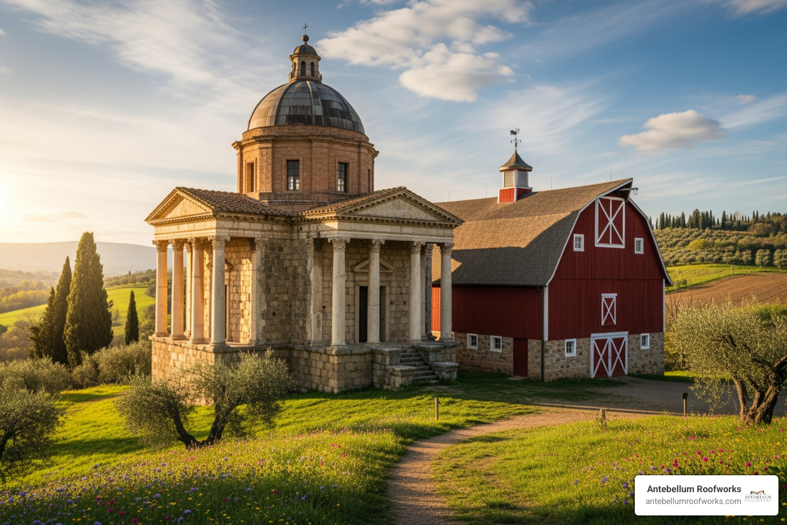 ancient Mediterranean building with a cupola and a classic American barn - barn cupola