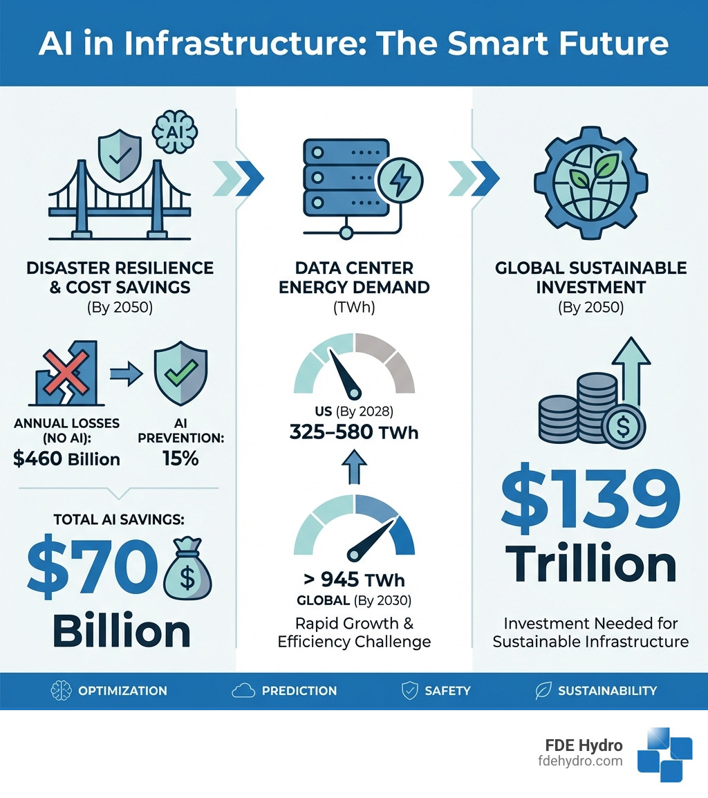 Infographic showing AI in infrastructure statistics: AI can prevent $70 billion in disaster costs by 2050, natural disasters could cause $460 billion in annual infrastructure losses, AI could prevent 15% of these losses, US data center electricity demand expected to reach 325-580 TWh by 2028, global data center electricity demand could exceed 945 TWh by 2030, $139 trillion in sustainable infrastructure investment needed globally by 2050 - AI in infrastructure infographic Infographic showing AI in infrastructure statistics: AI can prevent $70 billion in disaster costs by 2050, natural disasters could cause $460 billion in annual infrastructure losses, AI could prevent 15% of these losses, US data center electricity demand expected to reach 325-580 TWh by 2028, global data center electricity demand could exceed 945 TWh by 2030, $139 trillion in sustainable infrastructure investment needed globally by 2050 - AI in infrastructure infographic