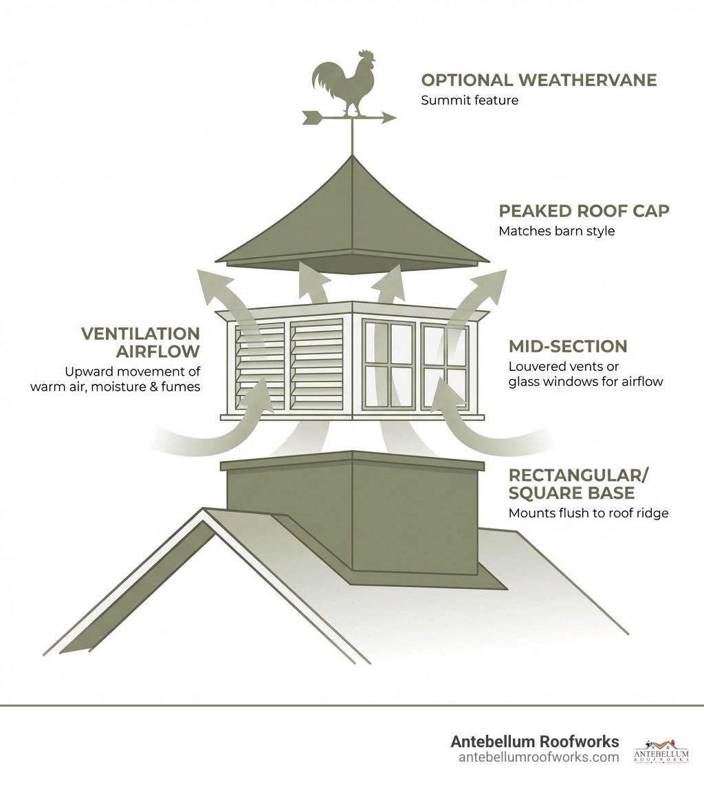 Infographic showing barn cupola anatomy from bottom to top: rectangular or square base that mounts flush to roof ridge, mid-section with louvered vents or glass windows for airflow, peaked roof cap matching barn style, optional weathervane at summit; annotations indicate ventilation airflow arrows moving upward through structure - barn cupola infographic 