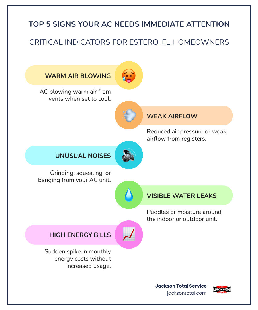 Infographic showing the top 5 critical signs your AC needs immediate professional attention in Estero, FL: 1) warm air blowing from vents when set to cool, 2) weak airflow or reduced air pressure from registers, 3) unusual sounds like grinding, squealing, or banging from indoor or outdoor units, 4) visible water leaks or moisture around the system, and 5) sudden spike in monthly energy bills without increased usage - air conditioning repair in estero, fl infographic infographic-line-5-steps-colors Infographic showing the top 5 critical signs your AC needs immediate professional attention in Estero, FL: 1) warm air blowing from vents when set to cool, 2) weak airflow or reduced air pressure from registers, 3) unusual sounds like grinding, squealing, or banging from indoor or outdoor units, 4) visible water leaks or moisture around the system, and 5) sudden spike in monthly energy bills without increased usage - air conditioning repair in estero, fl infographic infographic-line-5-steps-colors