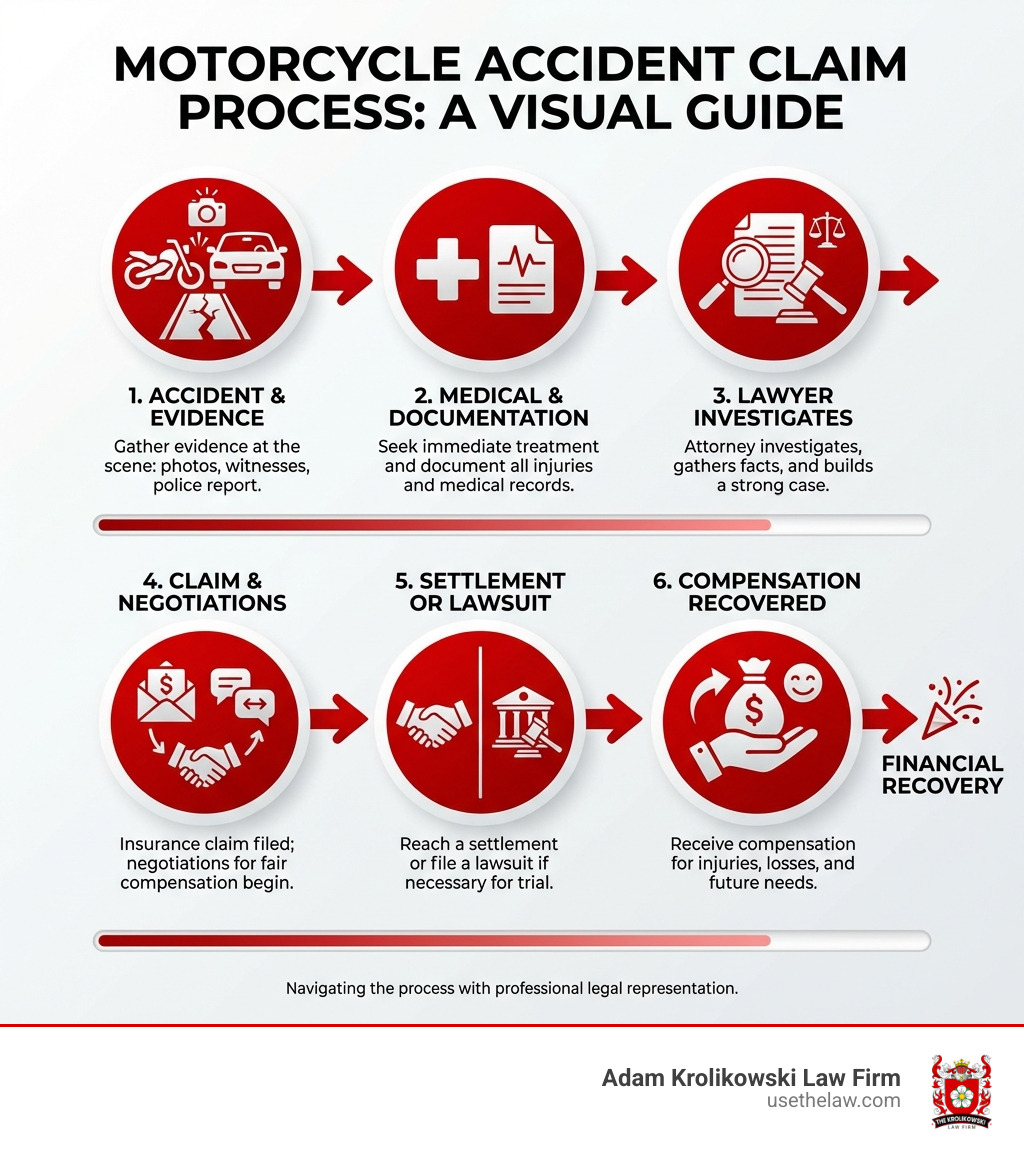Infographic showing the motorcycle accident claim process: 1. Accident occurs and evidence is gathered at the scene, 2. Medical treatment begins and documentation starts, 3. Lawyer investigates and builds your case, 4. Insurance claim is filed and negotiations begin, 5. Settlement is reached or lawsuit is filed, 6. Compensation is recovered for your injuries and losses - Motorcycle accident claim lawyer infographic 