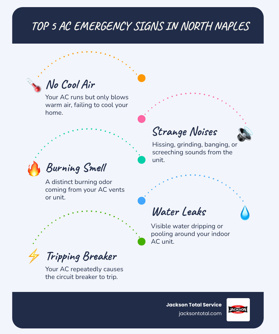 infographic showing five warning signs of AC emergency: no cool air from vents, strange hissing or grinding noises, burning smell from system, visible water leaks around indoor unit, and circuit breaker repeatedly tripping - emergency air conditioning repair in north naples, fl infographic infographic-line-5-steps-blues-accent_colors infographic showing five warning signs of AC emergency: no cool air from vents, strange hissing or grinding noises, burning smell from system, visible water leaks around indoor unit, and circuit breaker repeatedly tripping - emergency air conditioning repair in north naples, fl infographic infographic-line-5-steps-blues-accent_colors