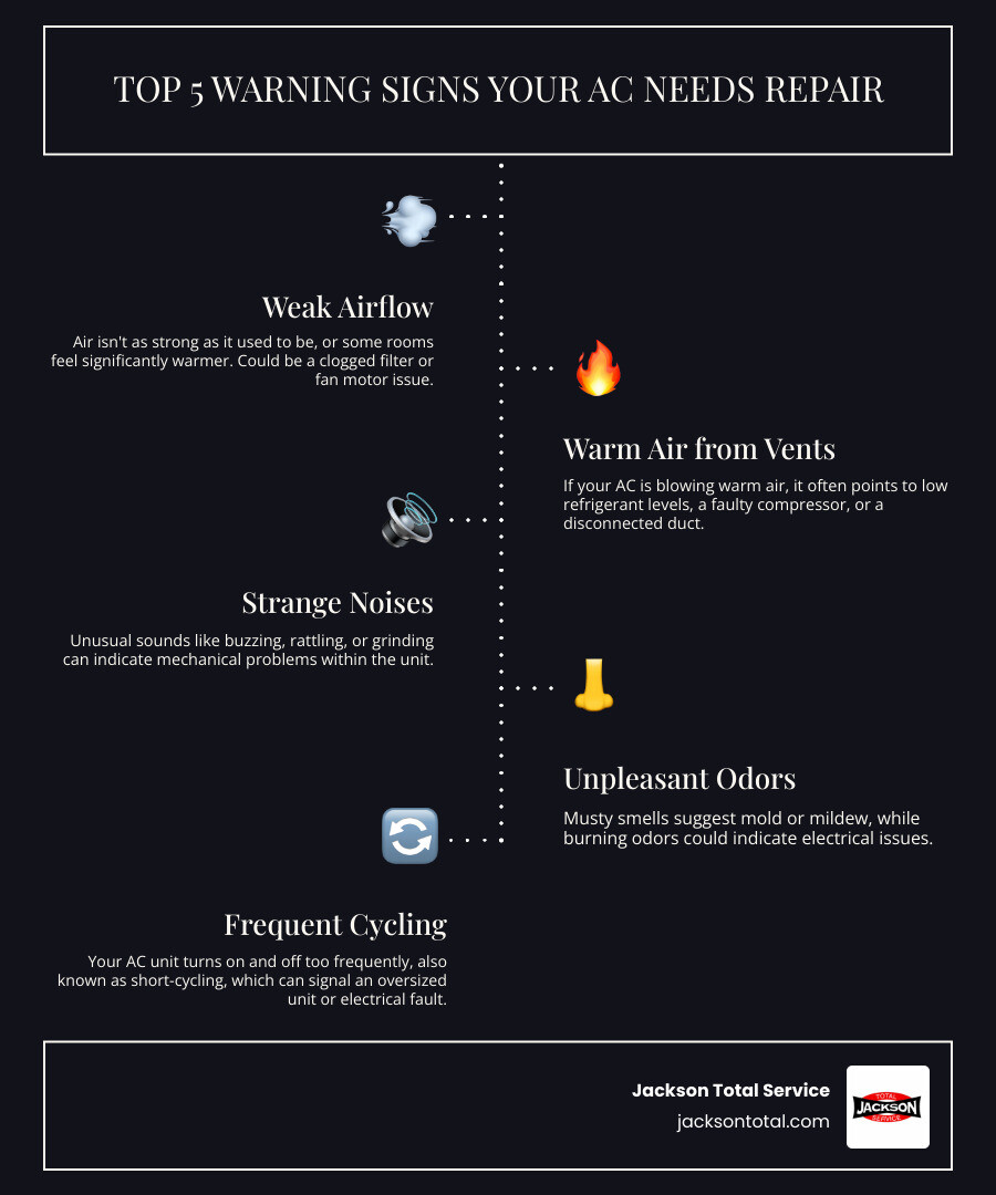 infographic showing the top 5 warning signs your AC needs repair: weak airflow, warm air from vents, strange noises, unpleasant odors, and frequent cycling - best air conditioning repair in north naples, fl infographic infographic-line-5-steps-dark infographic showing the top 5 warning signs your AC needs repair: weak airflow, warm air from vents, strange noises, unpleasant odors, and frequent cycling - best air conditioning repair in north naples, fl infographic infographic-line-5-steps-dark