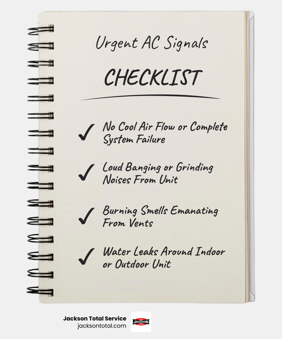 infographic showing four common AC emergency warning signs: no cool air coming from vents, loud grinding or banging sounds from the unit, water pooling around indoor or outdoor equipment, and burning smell from vents or electrical components, with icons indicating when to call for immediate 24 hour service - 24 hour air conditioning maintenance in bonita springs, fl infographic checklist-notebook