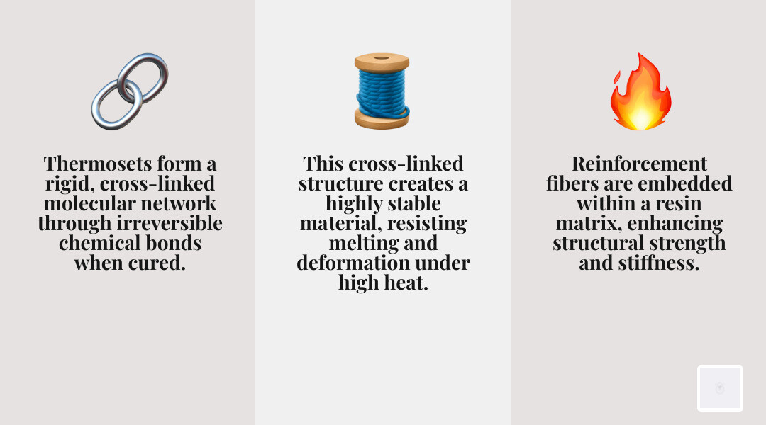 Infographic explaining the molecular structure of a thermoset composite showing cross-linked polymer chains and reinforcement fibers - plastic molding compound infographic 3_facts_emoji_grey
