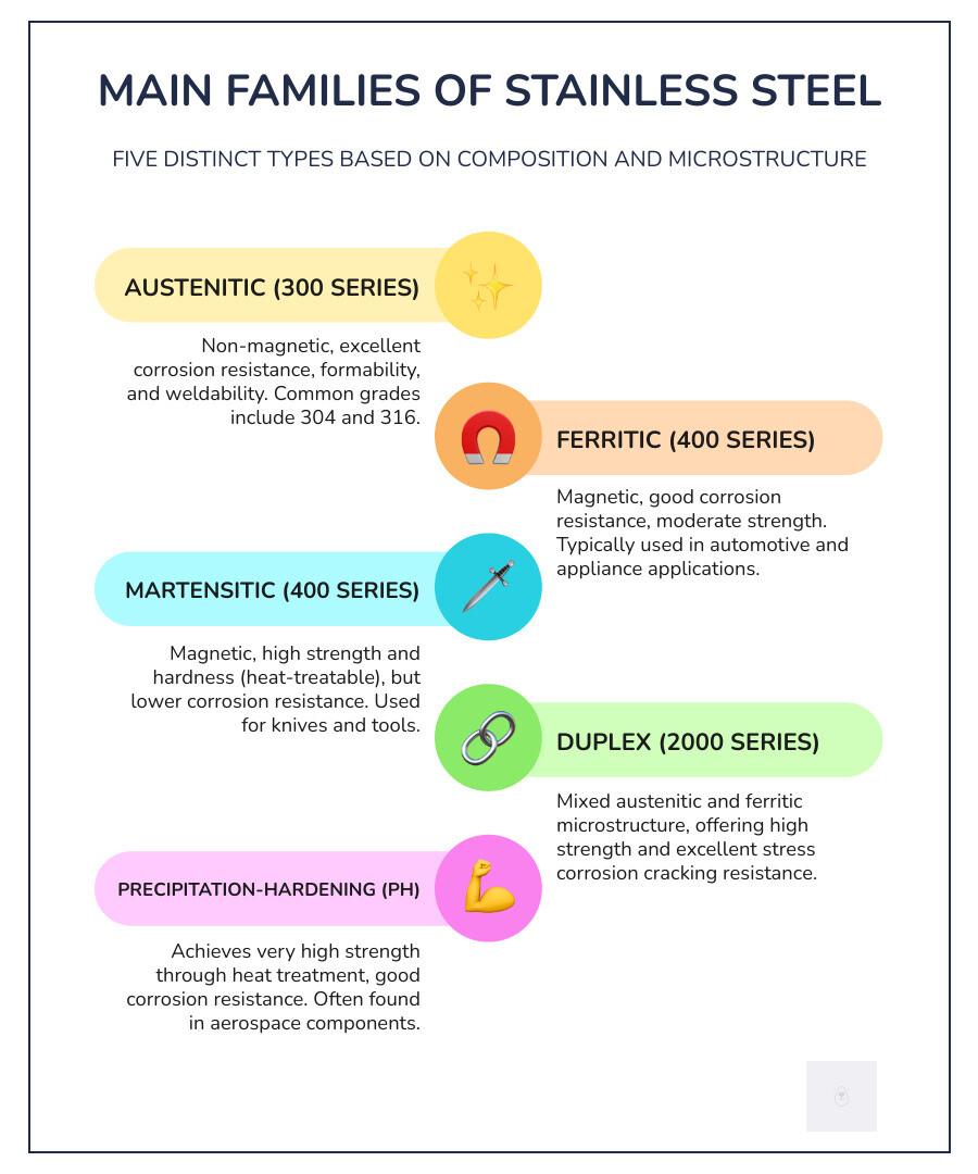 explaining the 5 main types of stainless steel (Austenitic, Ferritic, Martensitic, Duplex, Precipitation-Hardening) - 347 round bar infographic infographic-line-5-steps-colors
