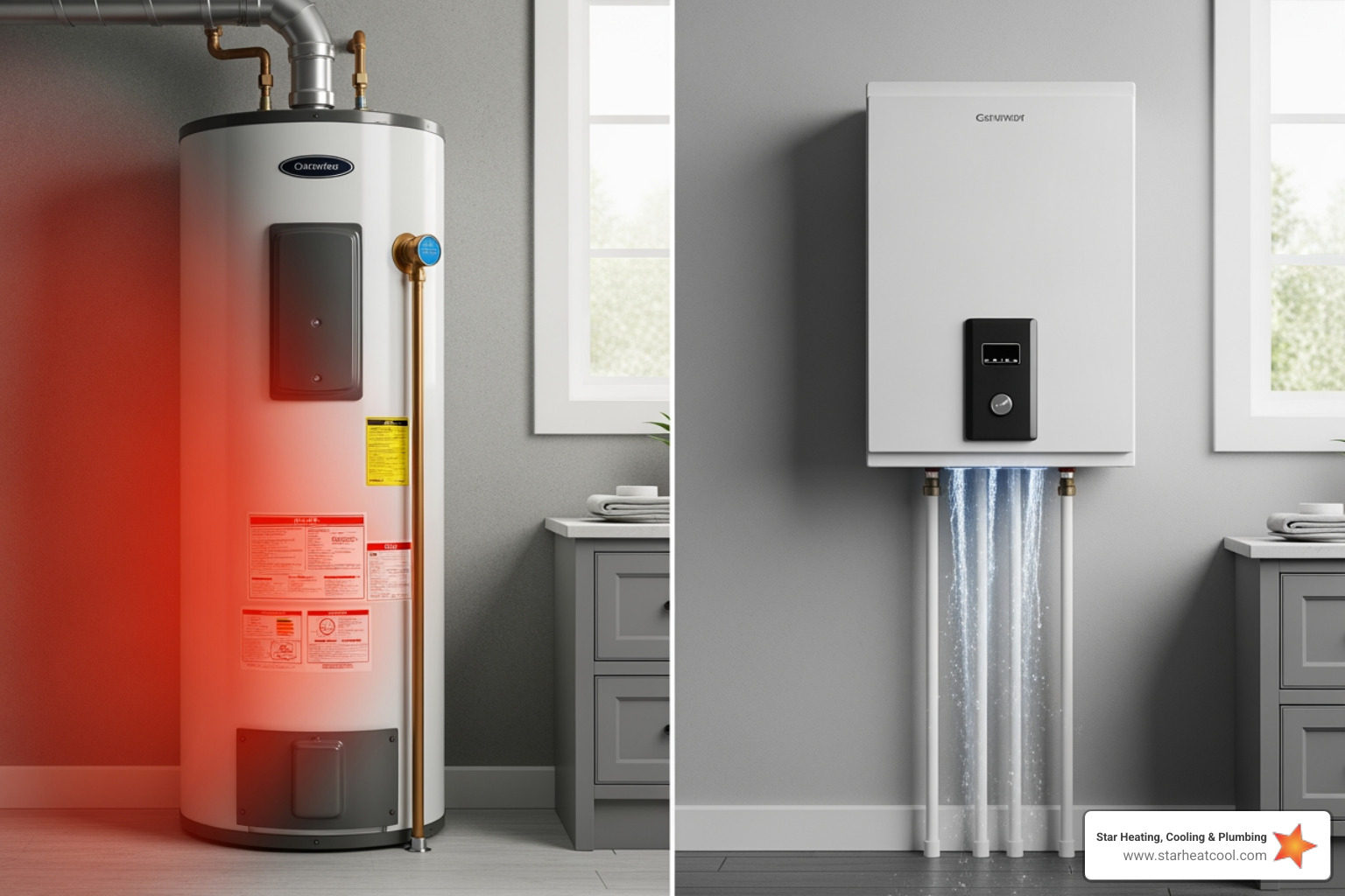 infographic showing side-by-side comparison of traditional tank water heater storing and reheating 40-50 gallons continuously versus tankless unit heating water only on-demand as it flows through the system, with arrows showing energy waste from standby losses on tank side and efficient flow-through heating on tankless side - affordable tankless water heater installation in fishers, in infographic showing side-by-side comparison of traditional tank water heater storing and reheating 40-50 gallons continuously versus tankless unit heating water only on-demand as it flows through the system, with arrows showing energy waste from standby losses on tank side and efficient flow-through heating on tankless side - affordable tankless water heater installation in fishers, in