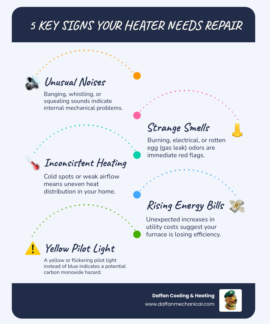 infographic showing five warning signs your heater needs professional repair: unusual banging or squealing noises, burning or rotten egg smells, uneven heating or cold spots, rising energy bills, and yellow pilot light flame - heater repair in acton tx infographic infographic-line-5-steps-blues-accent_colors infographic showing five warning signs your heater needs professional repair: unusual banging or squealing noises, burning or rotten egg smells, uneven heating or cold spots, rising energy bills, and yellow pilot light flame - heater repair in acton tx infographic infographic-line-5-steps-blues-accent_colors