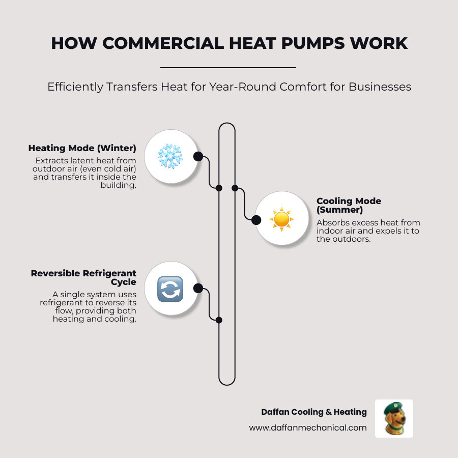 Infographic showing how a commercial heat pump transfers heat between indoor and outdoor environments using refrigerant cycle, with arrows indicating heating mode pulling warmth from outside air into the building during winter, and cooling mode expelling indoor heat outside during summer, all powered by a single efficient compressor system - commercial heat pump systems in weatherford, tx infographic infographic-line-3-steps-elegant_beige Infographic showing how a commercial heat pump transfers heat between indoor and outdoor environments using refrigerant cycle, with arrows indicating heating mode pulling warmth from outside air into the building during winter, and cooling mode expelling indoor heat outside during summer, all powered by a single efficient compressor system - commercial heat pump systems in weatherford, tx infographic infographic-line-3-steps-elegant_beige