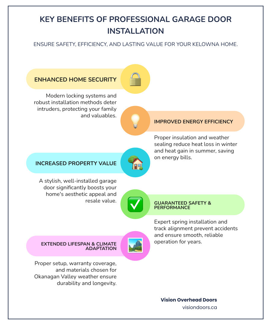 Infographic showing key benefits of professional garage door installation: enhanced home security with modern locking systems, improved energy efficiency through proper insulation and weather sealing, increased property value with curb appeal boost, guaranteed safety with professional spring installation and track alignment, extended lifespan through proper setup and warranty coverage, and local climate adaptation for Okanagan Valley weather conditions - best garage door installation in kelowna, bc infographic infographic-line-5-steps-colors Key benefits of professional garage door installation, including enhanced home security, improved energy efficiency, increased property value, guaranteed safety and performance, and extended lifespan for Okanagan climate adaptation.