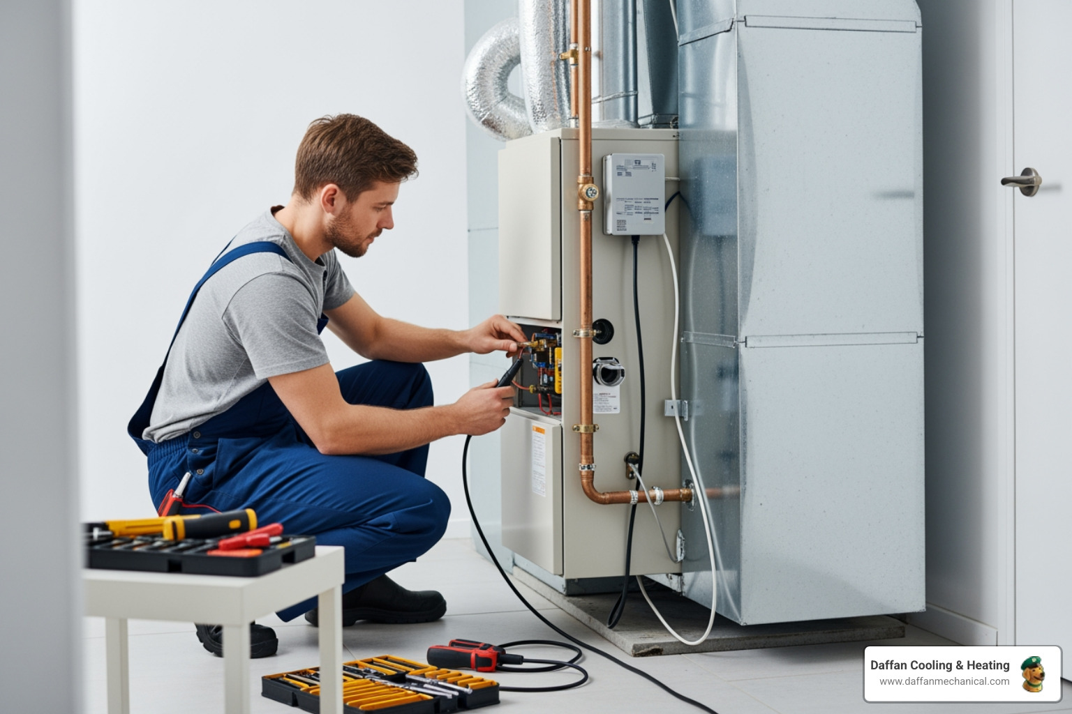 Infographic showing the residential furnace installation process: step 1 shows home evaluation and load calculation with a technician measuring a home, step 2 displays selecting the right furnace size and fuel type with gas and electric options, step 3 illustrates professional installation with proper ductwork connection, step 4 shows system testing and thermostat calibration, and step 5 highlights ongoing maintenance for efficiency and longevity with filter replacement imagery - residential furnace installation in granbury, tx Infographic showing the residential furnace installation process: step 1 shows home evaluation and load calculation with a technician measuring a home, step 2 displays selecting the right furnace size and fuel type with gas and electric options, step 3 illustrates professional installation with proper ductwork connection, step 4 shows system testing and thermostat calibration, and step 5 highlights ongoing maintenance for efficiency and longevity with filter replacement imagery - residential furnace installation in granbury, tx