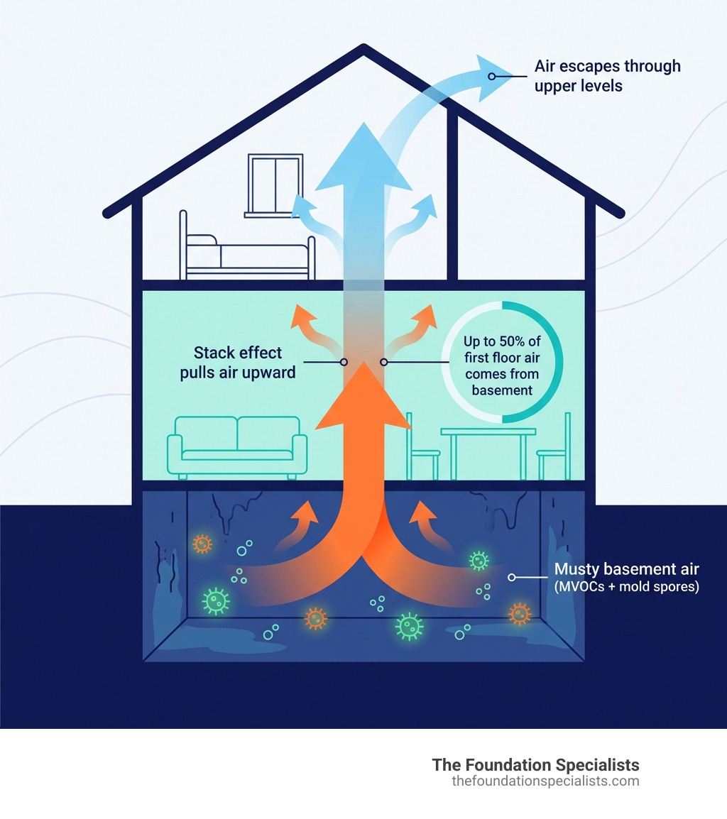 Infographic showing the stack effect in a home: arrows indicating air rising from a damp basement with mold spores through the first floor and upper levels, with labels for "Musty basement air (MVOCs + mold spores)", "Stack effect pulls air upward", "Up to 50% of first floor air comes from basement", and "Air escapes through upper levels" - basement making house smell musty infographic 