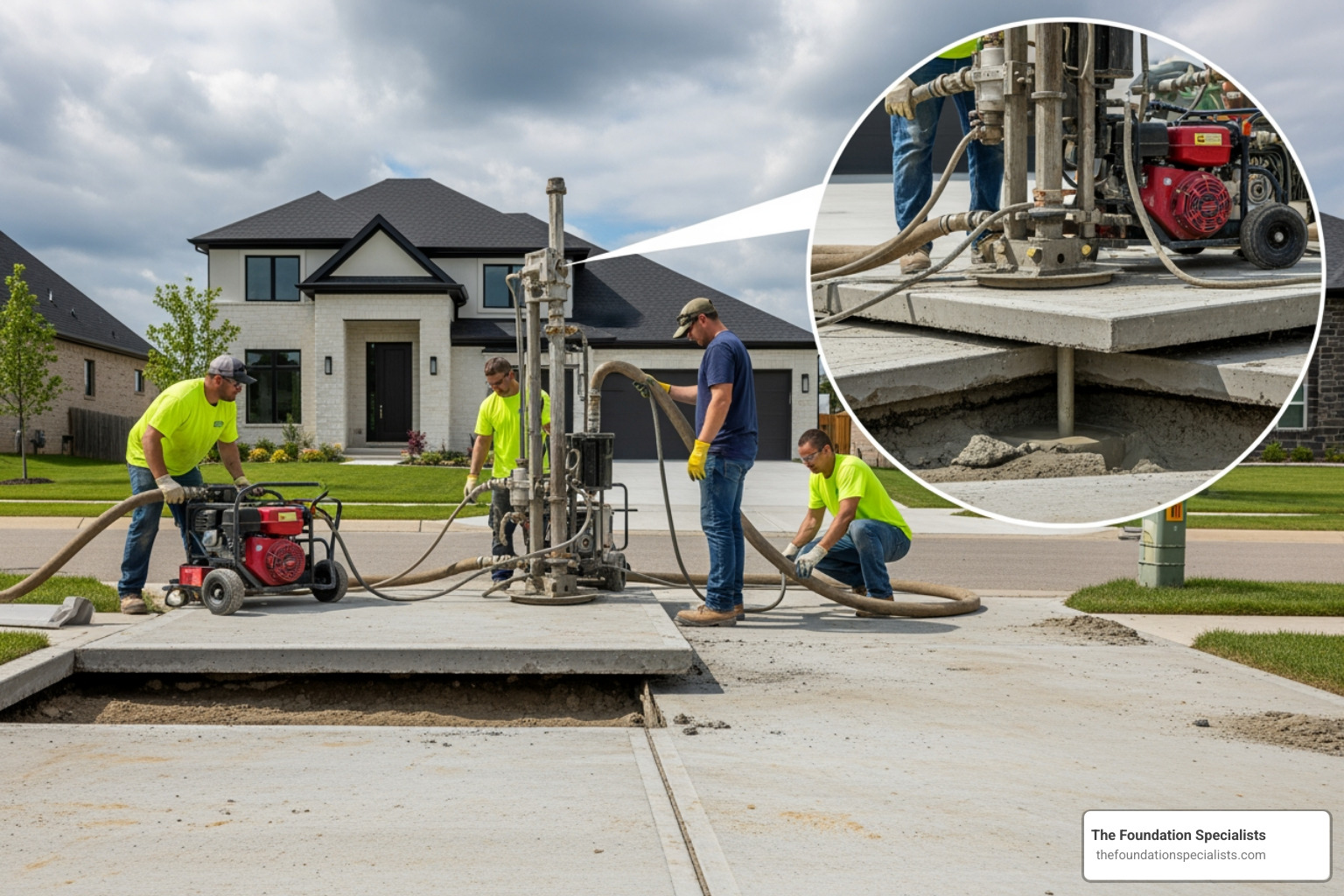 A large crack running across a concrete driveway slab, indicating significant settlement and the need for repair. - Concrete driveway leveling