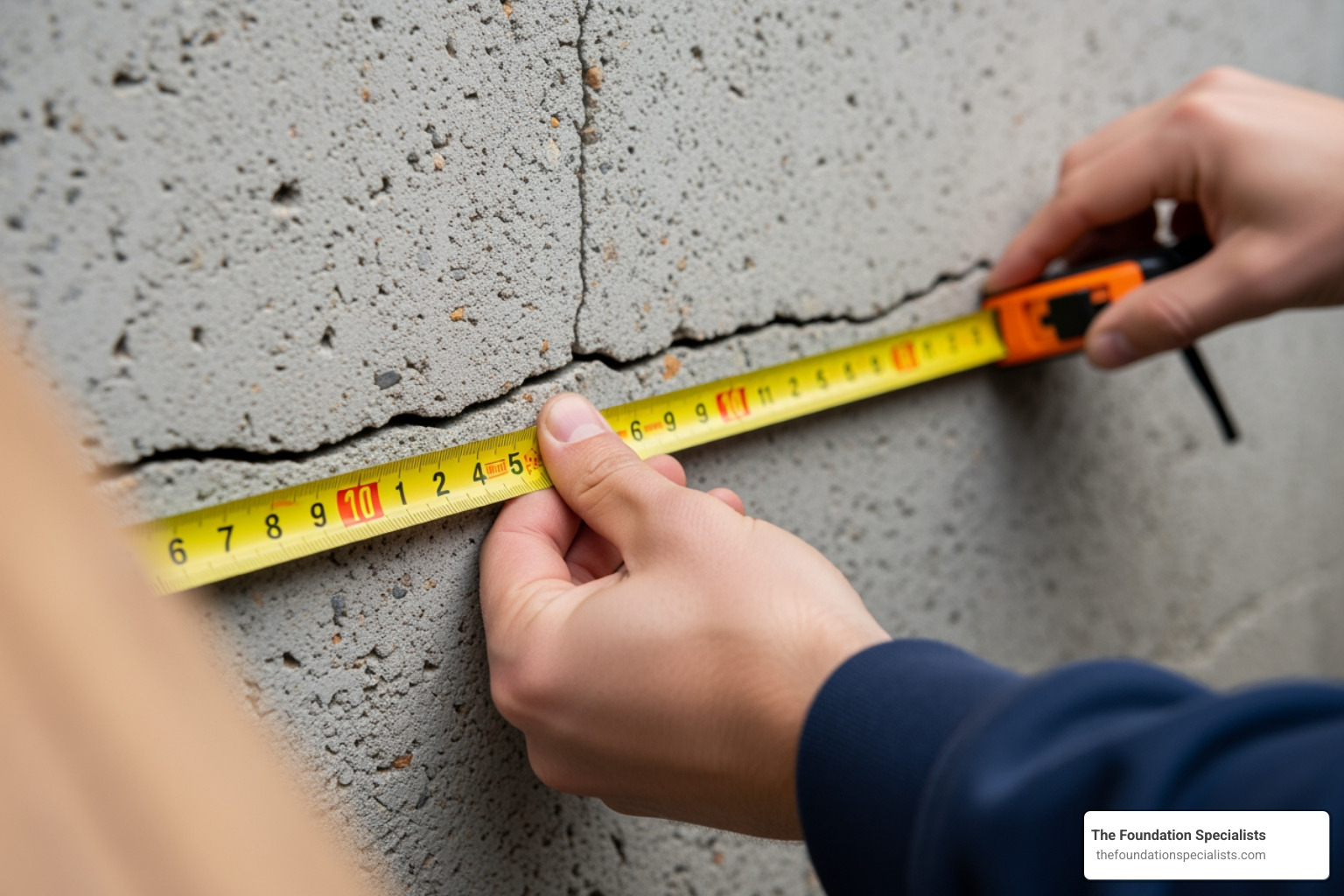 Homeowner measuring a foundation wall crack - foundation wall repair